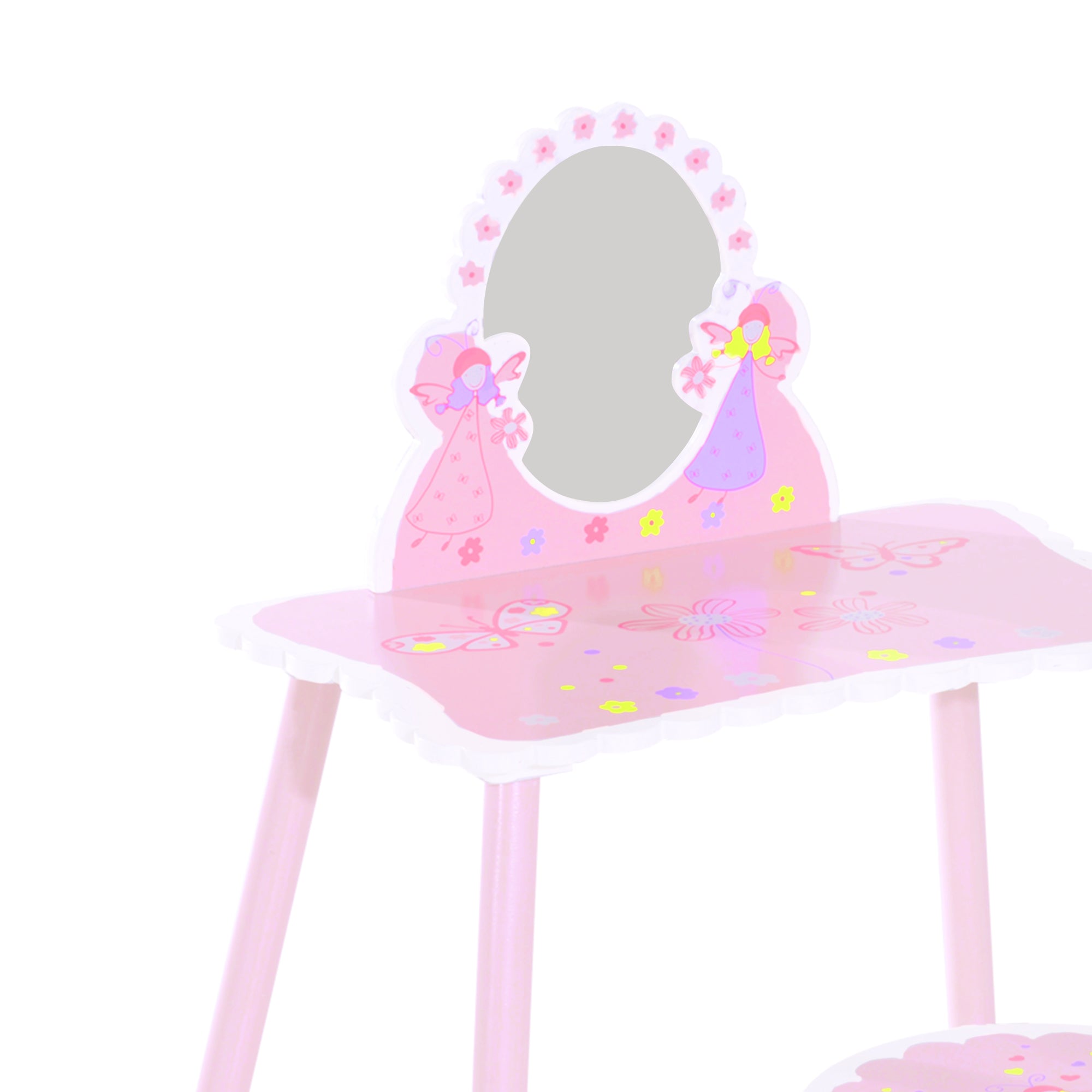 Kozy Kids Dressing Table Girls Pink Wooden Kids Dressing Table & Stool Make Up Desk Chair Toys Fairy Dresser Play Set w/Mirror