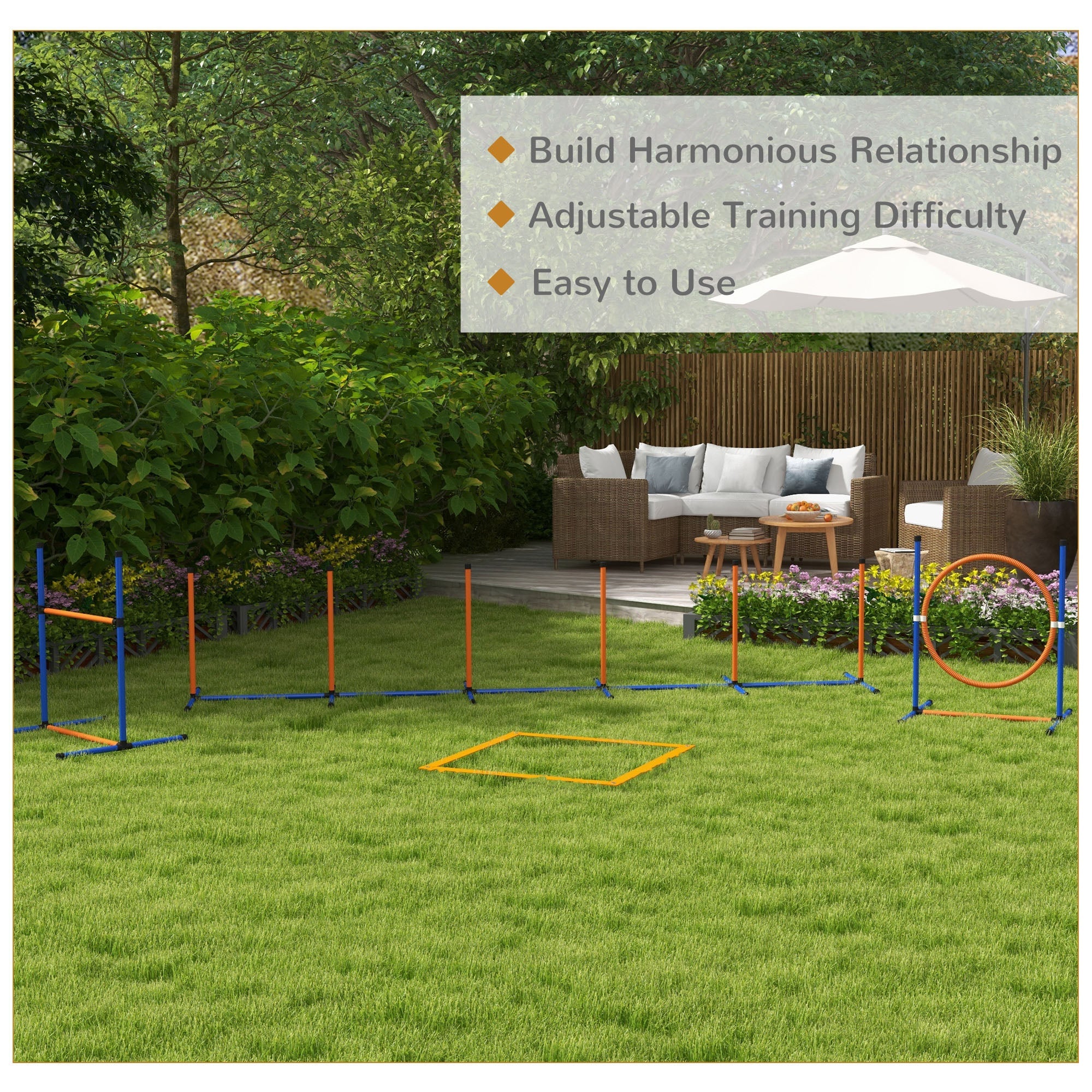 PawHut Five-Piece Dog Agility Equipment Set with Weave Poles, Jump Ring, Hurdle, Pause Box, Training Shorts, Bag, Orange | Aosom UK