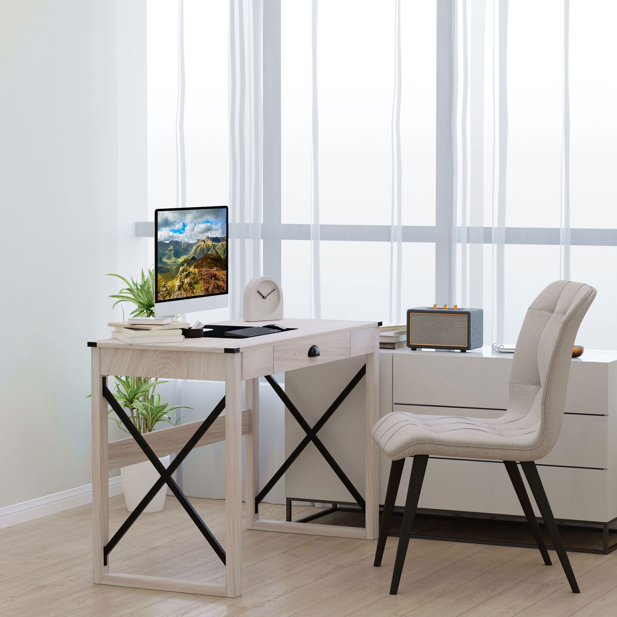 HOMCOM Writing Desk, Home Office Workstation with Drawer, Large Tabletop, 112L x 51W x 76H cm, White