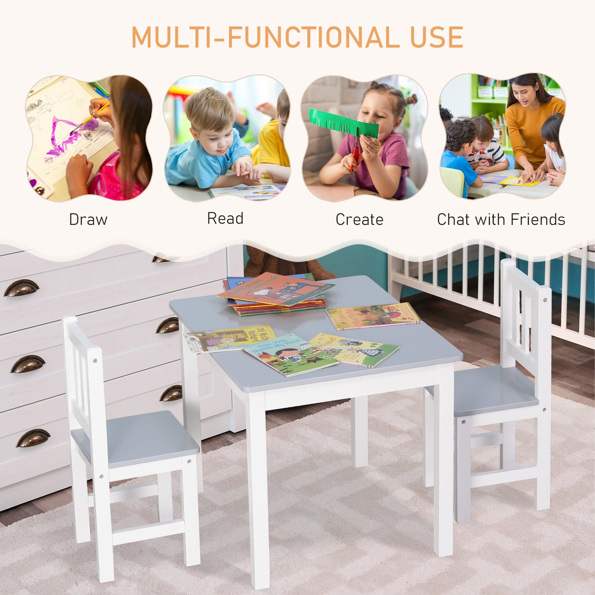 Kozy Kids Table and Chair Set 3 Pieces Toddler Preschoolers Desk with 2 Chairs for Indoor Study Rest Snack Time Grey