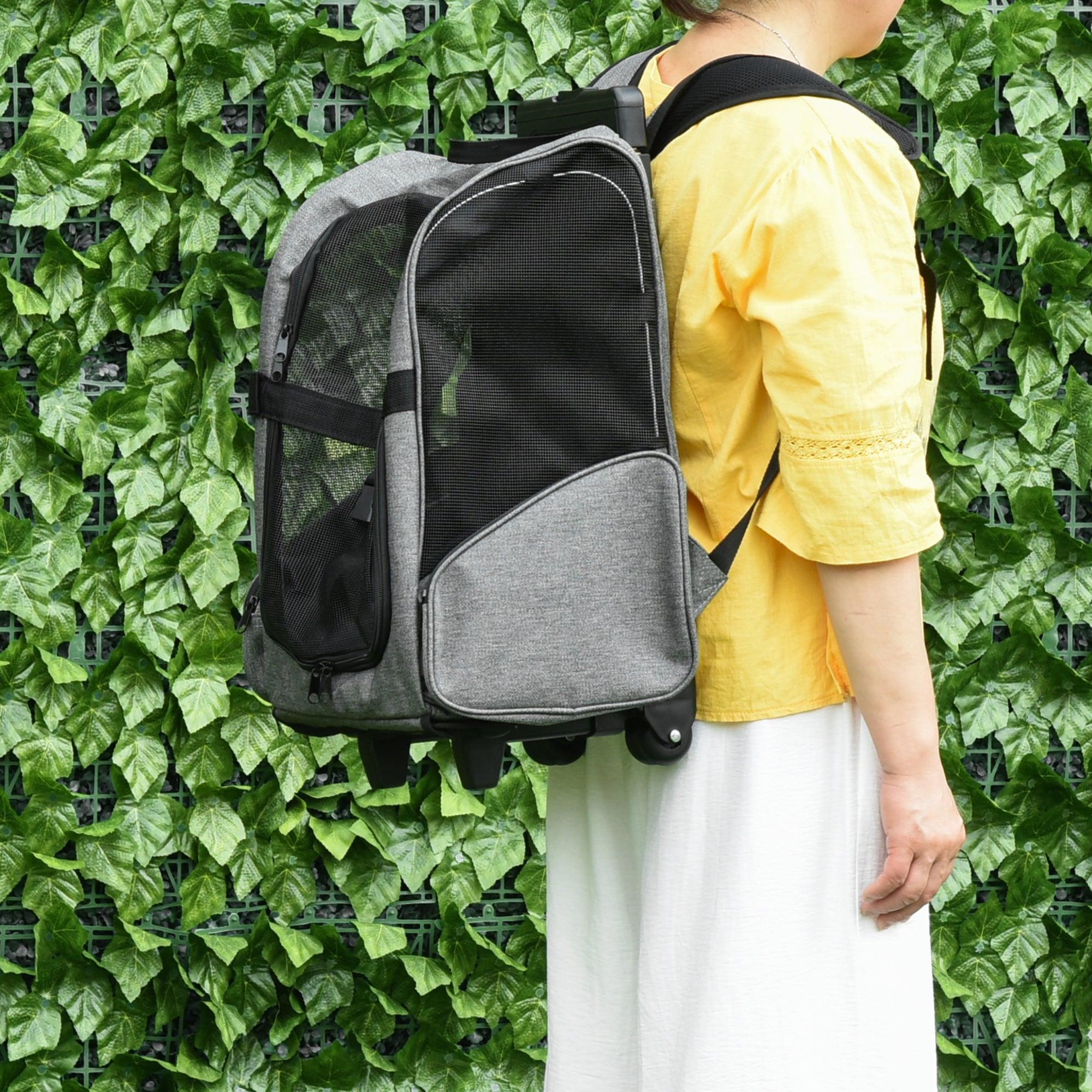 Kozy Pet Travel Backpack Bag Cat Puppy Dog Carrier w/ Trolley and Telescopic Handle Portable Stroller Wheel Luggage Bag (Grey)