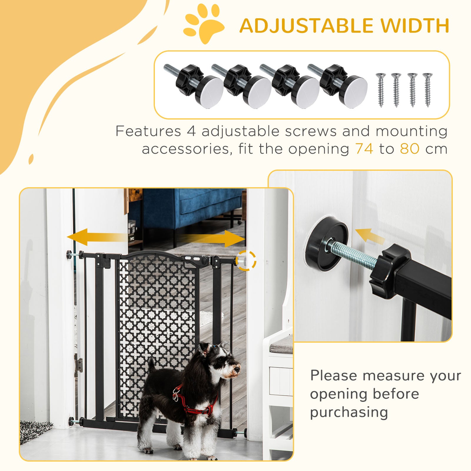 Kozy 74-80 cm Pressure Fit Safety Gate for Doorways and Staircases, Dog Gate, Pet Barrier for Hallways with Auto Close, Double Locking