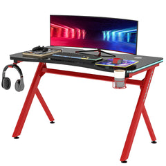 HOMCOM Gaming Desk Computer Table Metal Frame with LED Light, Cup Holder, Headphone Hook, Cable Hole, Red