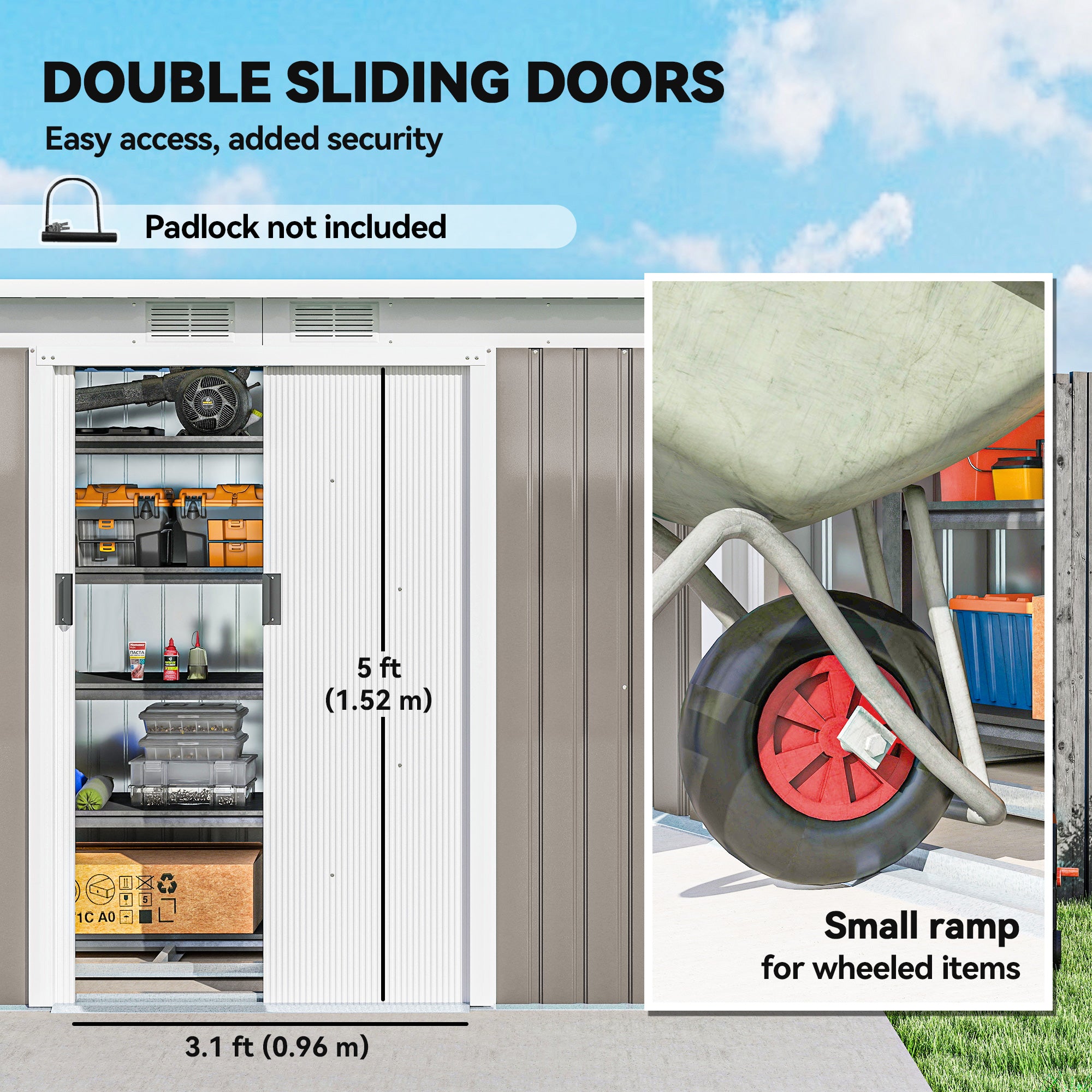 Kozy Corrugated Garden Metal Storage Shed Outdoor Equipment Tool Box with Kit Ventilation Doors 9x 4FT Light Grey