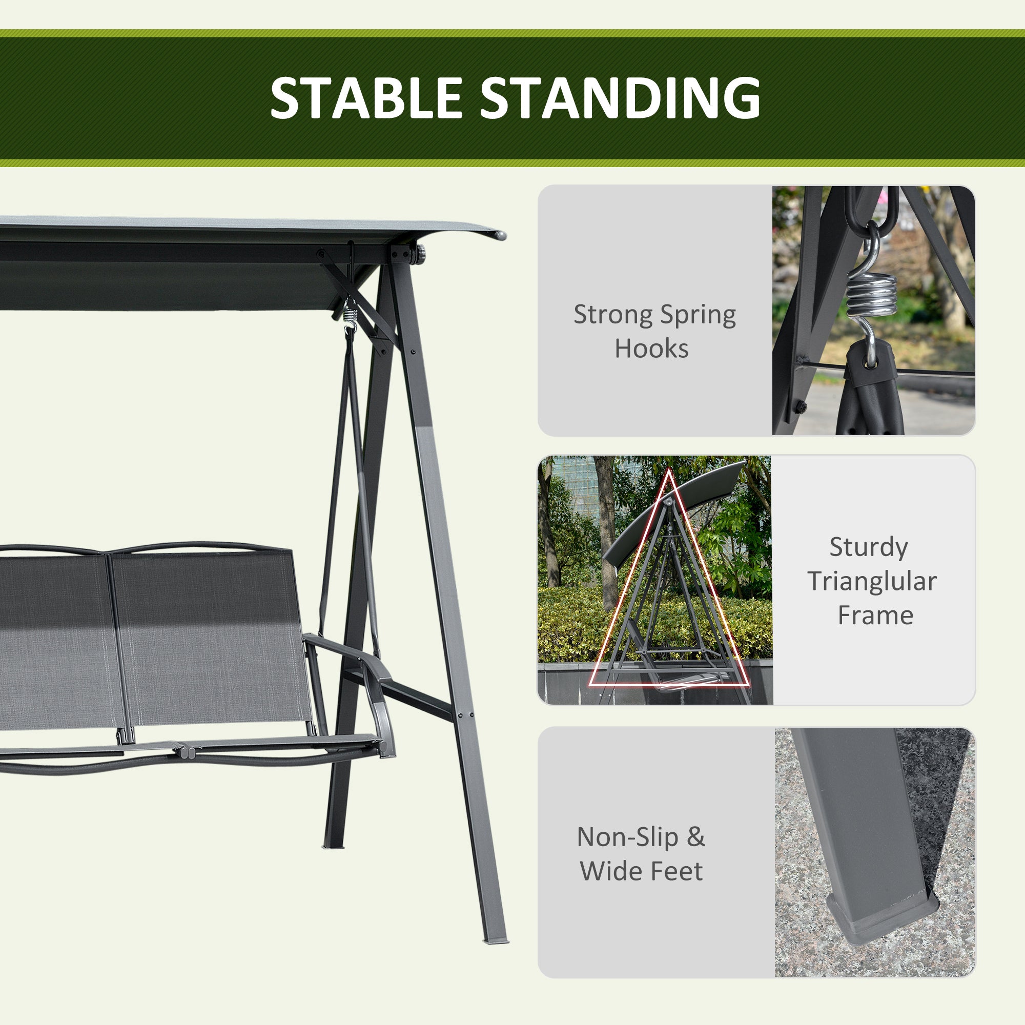 Kozy 2 Seater Garden Swing Seat Swing Chair, Outdoor Canopy Swing Bench with Adjustable Shade, Metal Frame and Texteline Seat, Dark Grey