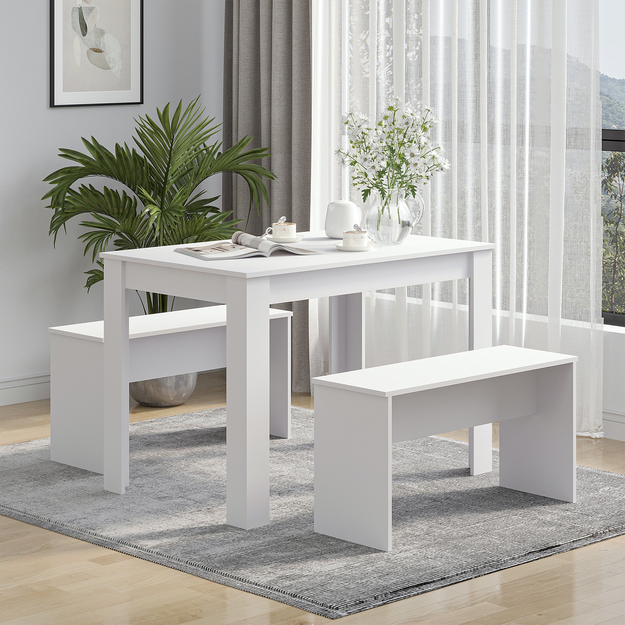 Kozy Kitchen Dining Table and 2 Benches Set, Table and Chairs Set for Limited Space, White