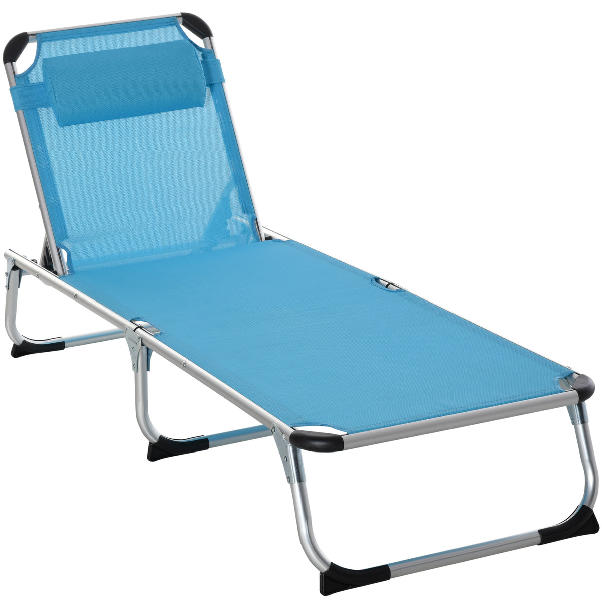 Kozy Foldable Outdoor Sun Lounger, Reclining Lounge Chair Camping Bed Cot with Pillow 4-Level Adjustable Back Aluminium Frame, Blue