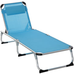 Kozy Foldable Outdoor Sun Lounger, Reclining Lounge Chair Camping Bed Cot with Pillow 4-Level Adjustable Back Aluminium Frame, Blue