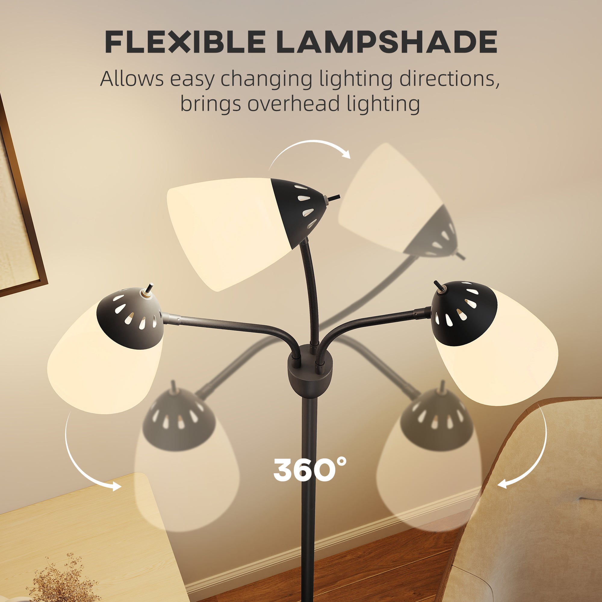 Kozy - Arc Tree Floor Lamp with 3 Adjustable Rotating Lights and 3000K/4500K/6500K Colour Temperatures, Industrial Standing Lamp with Steel Frame for Bedroom Living Room, 155cm, Black