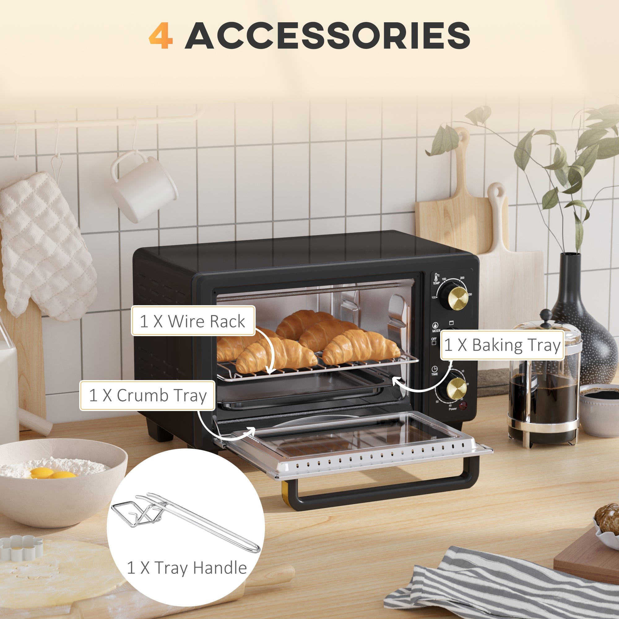 HOMCOM Mini Oven, 16L Countertop Electric Grill, Toaster Oven w/ Adjustable Temperature, 60 Min Timer, Crumb Tray, Baking Tray, Wire Rack | Aosom UK