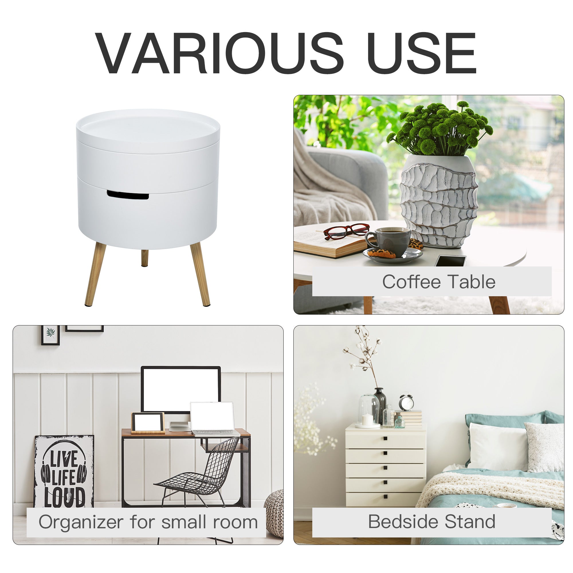 Kozy 3-Tier Coffee Table, Round End Table with 2 Hidden Compartments and Detachable Tray, Side Table with Storage for Living Room, White