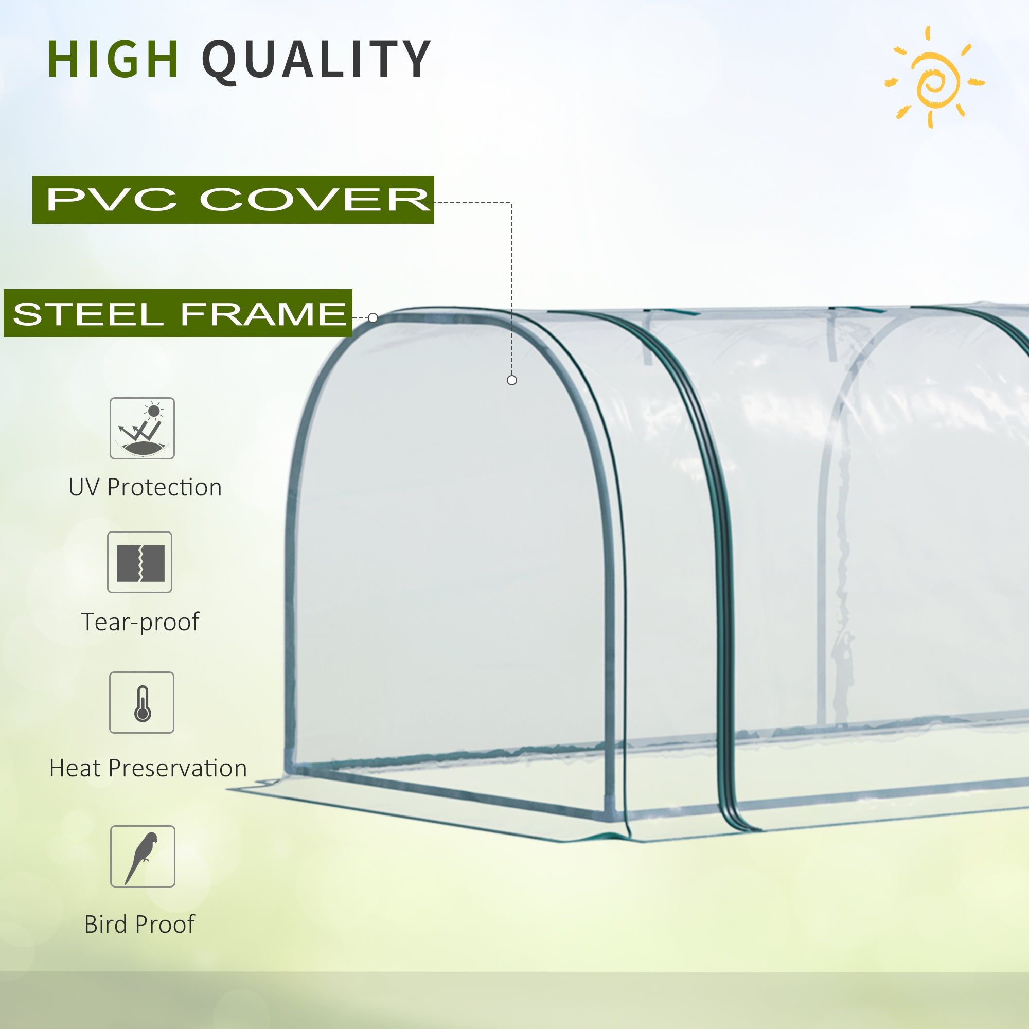 Outsunny Portable Small Greenhouse, Steel Frame with Zipper Doors,PVC Tunnel Greenhouse Plant Grow House, 350Lx100Wx80Hcm