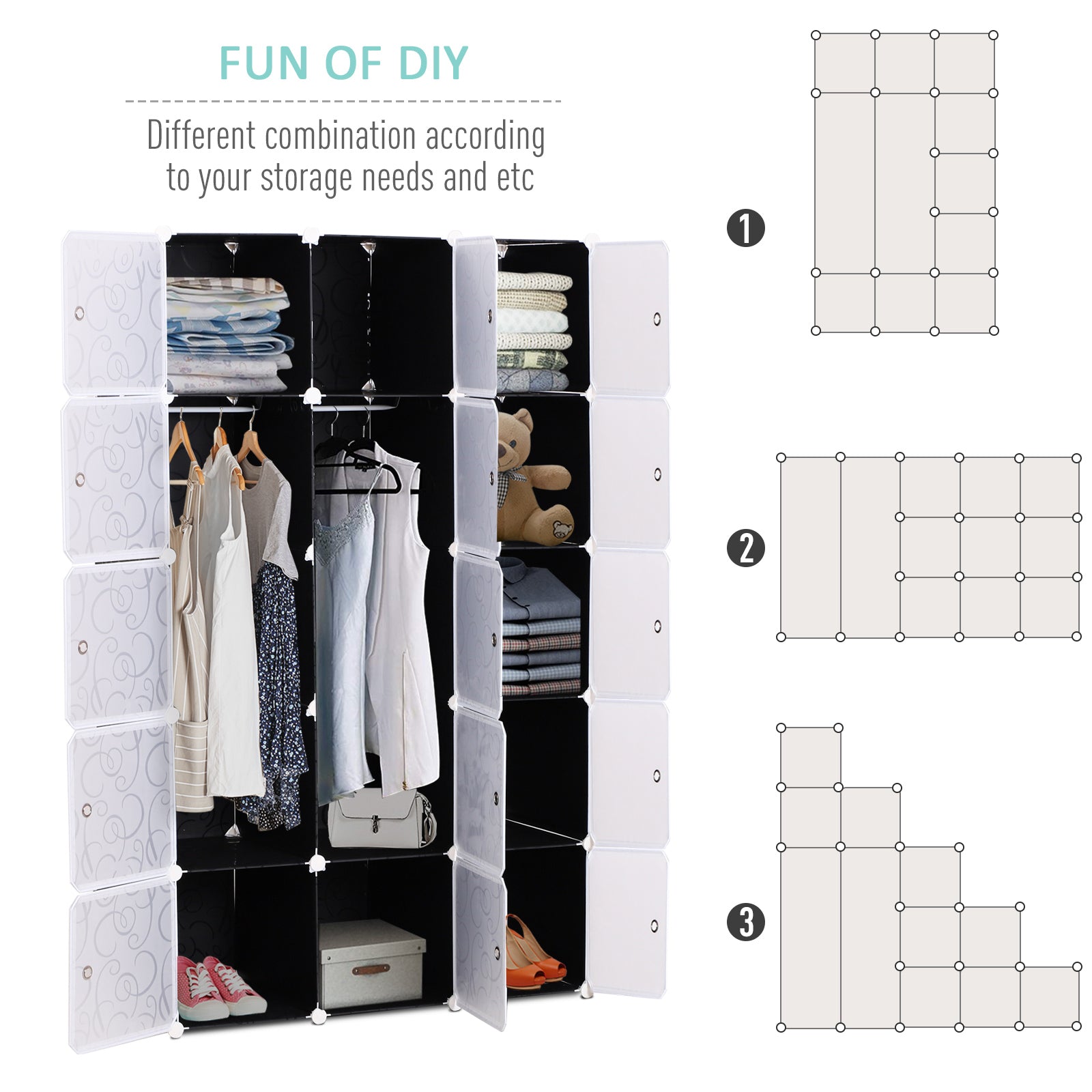 HOMCOM Cube DIY Wardrobe Portable Interlocking Plastic Modular Closet Bedroom Clothes Organiser Storage Cabinet