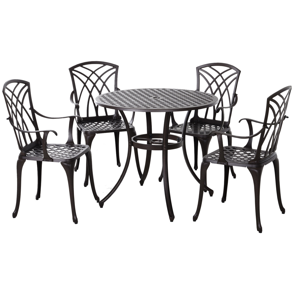 Kozy 5 Pieces Garden Dining Set for 4, Cast Aluminium Outdoor Dining Set with 4 Armchairs and Round Dining Table with Parasol Hole, Garden Furniture Set, Brown