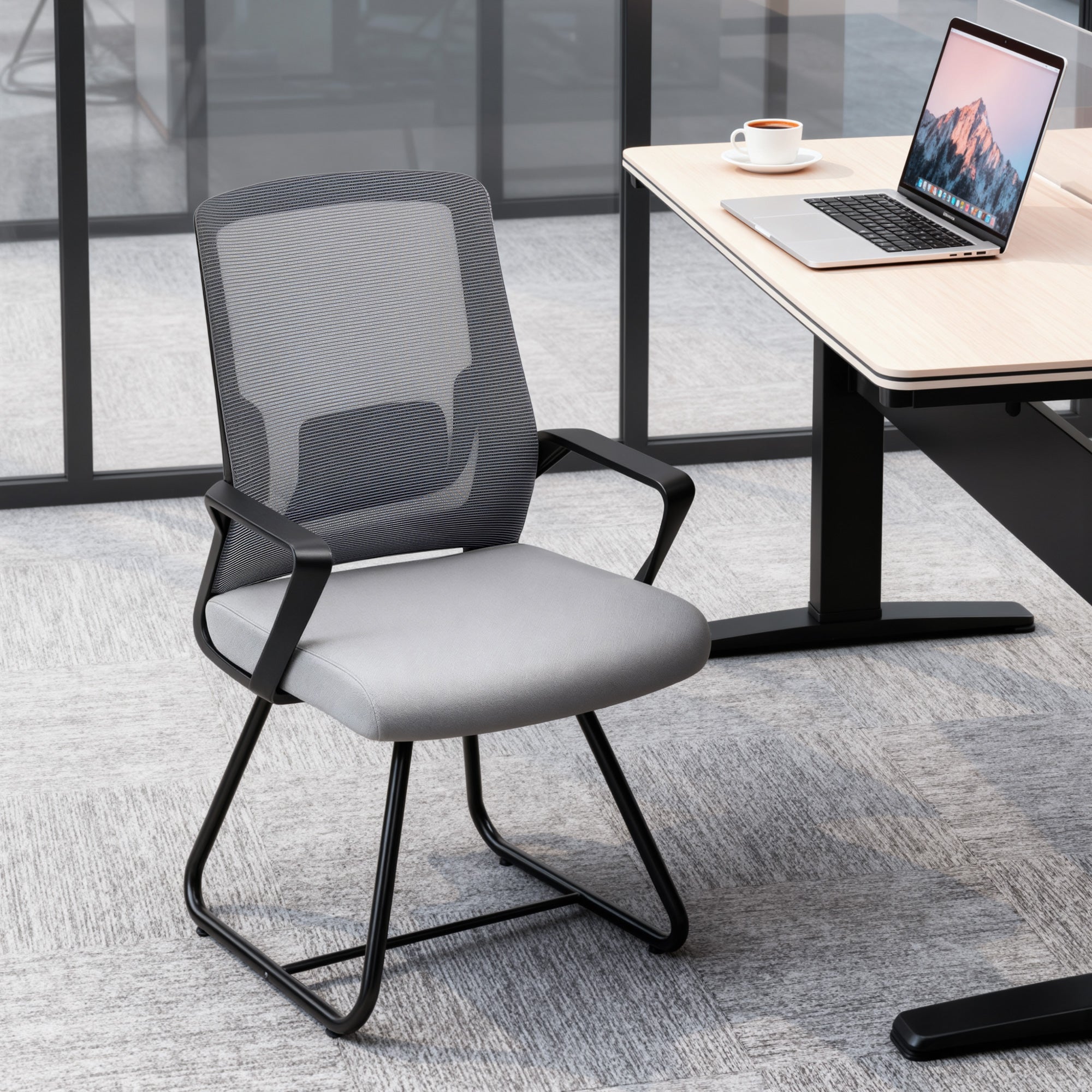 Kozy Desk Chair No Wheels, Office Chair with Mesh Back, Lumbar Support, Metal Base for Waiting Room, Conference Room, Dark Grey