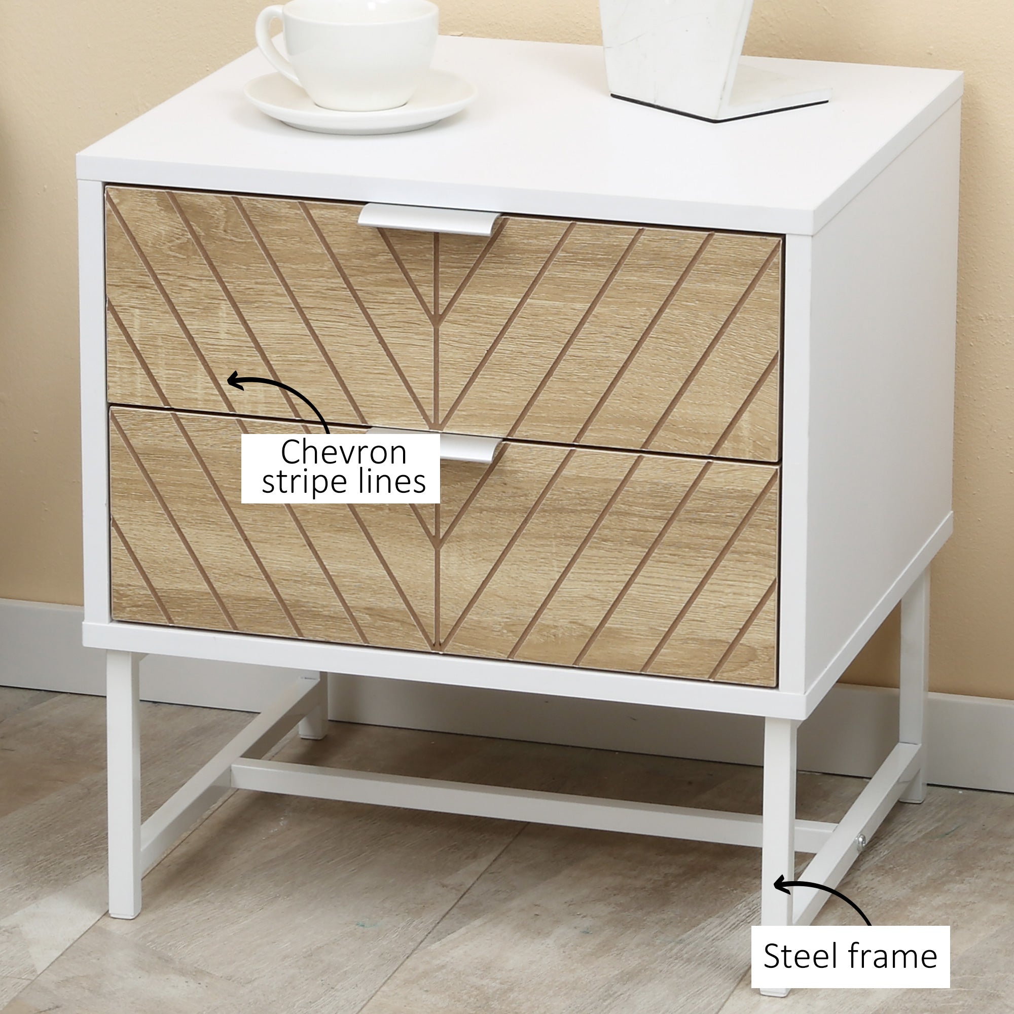 Kozy Modern Bedside Table with 2 Drawers and Metal Frame, Sofa Side Table for Bedroom Living Room, White and Oak