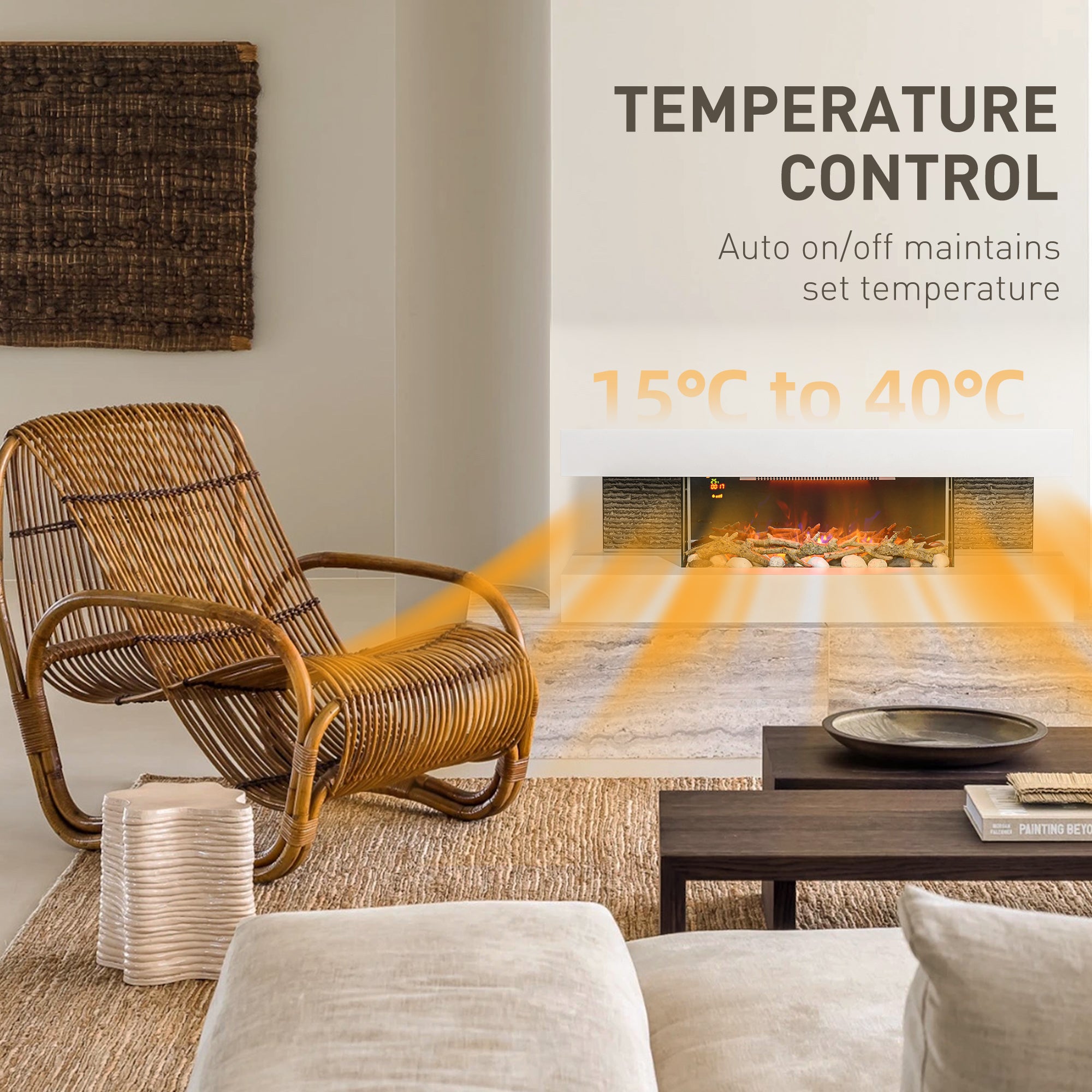Kozy - 47inch / 120cm Electric Fireplace Wall Mounted, Freestanding, Glass Electric Fire Suite with Mantel, Adjustable LED Flame Effect and Temperature, Log, Pebble, Remote Control, 2000W, White