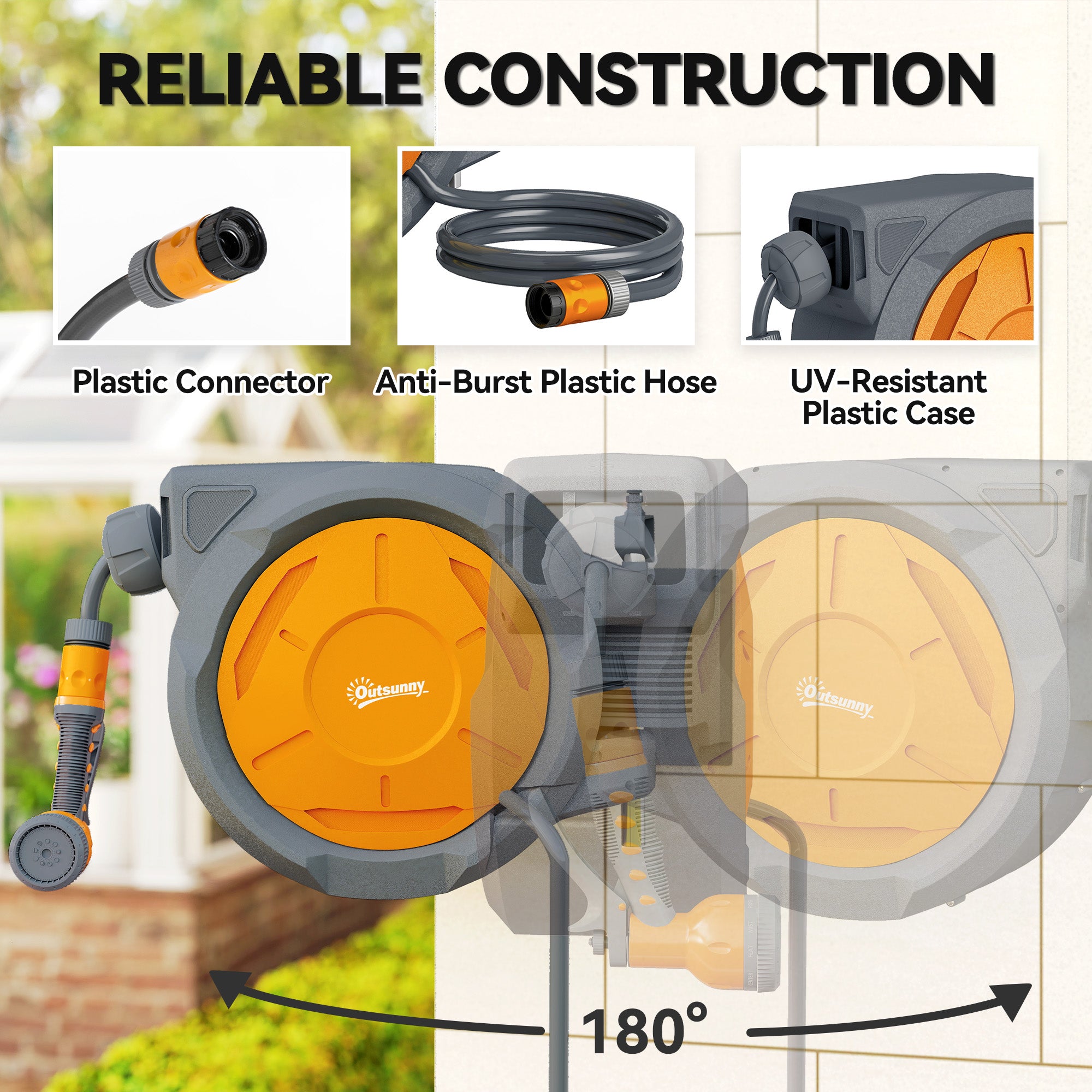 Kozy - Retractable Hose Reel Wall Mounted, 30+2m Garden Hose Pipe Reel with Lock, Auto Rewind, 7 in 1 Spray Nozzle, Includes Wall Fixings, 180° Swivel, Outdoor Watering, Orange