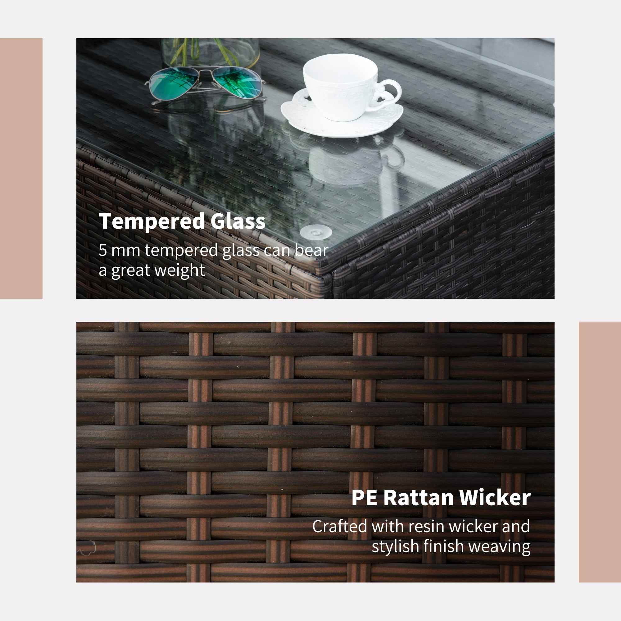 Kozy PE Rattan Garden Coffee Table with Glass Table Top - Brown