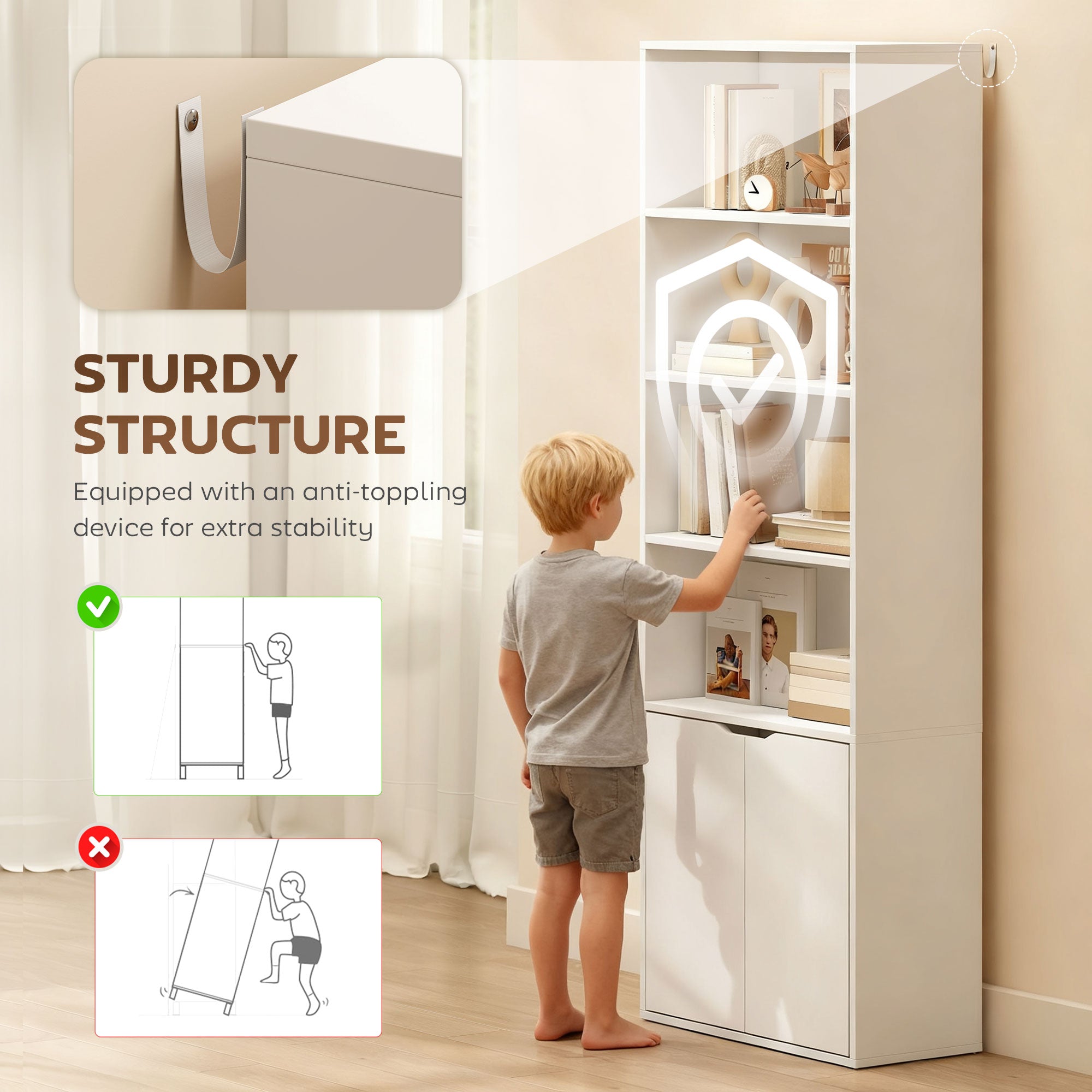 Kozy 6-Tier Tall Bookcase, Bookshelf with 4 Open Shelves and Double Door Storage Cabinet, Freestanding Display Rack for Living Room, Bedroom, Home Office, Study, 59 x 29 x 180cm, White