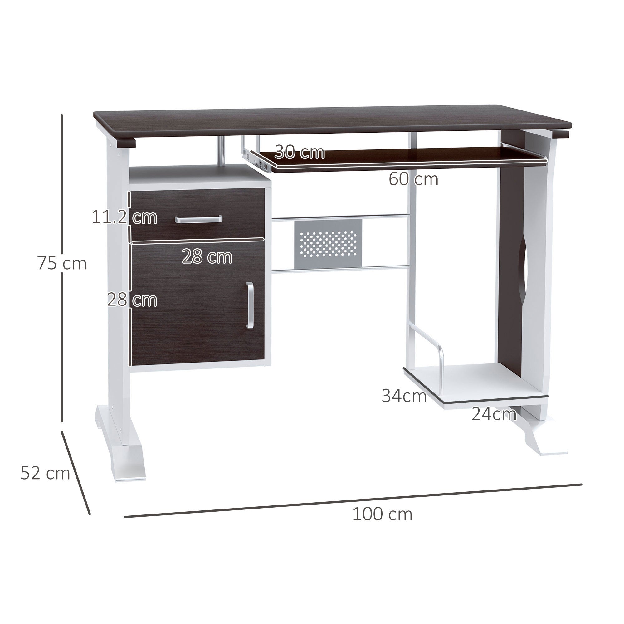 HOMCOM Home Office Workstation Desk, PC Computer Desk with Sliding Keyboard Tray, Storage Drawers, Host Box Shelf, Black Walnut | Aosom UK