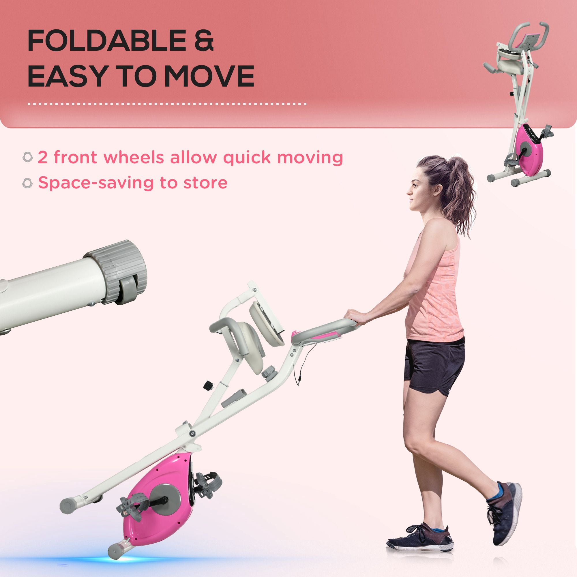 Kozy Folding Exercise Bike, with Adjustable Magnetic Resistance, Seat Height - White and Pink