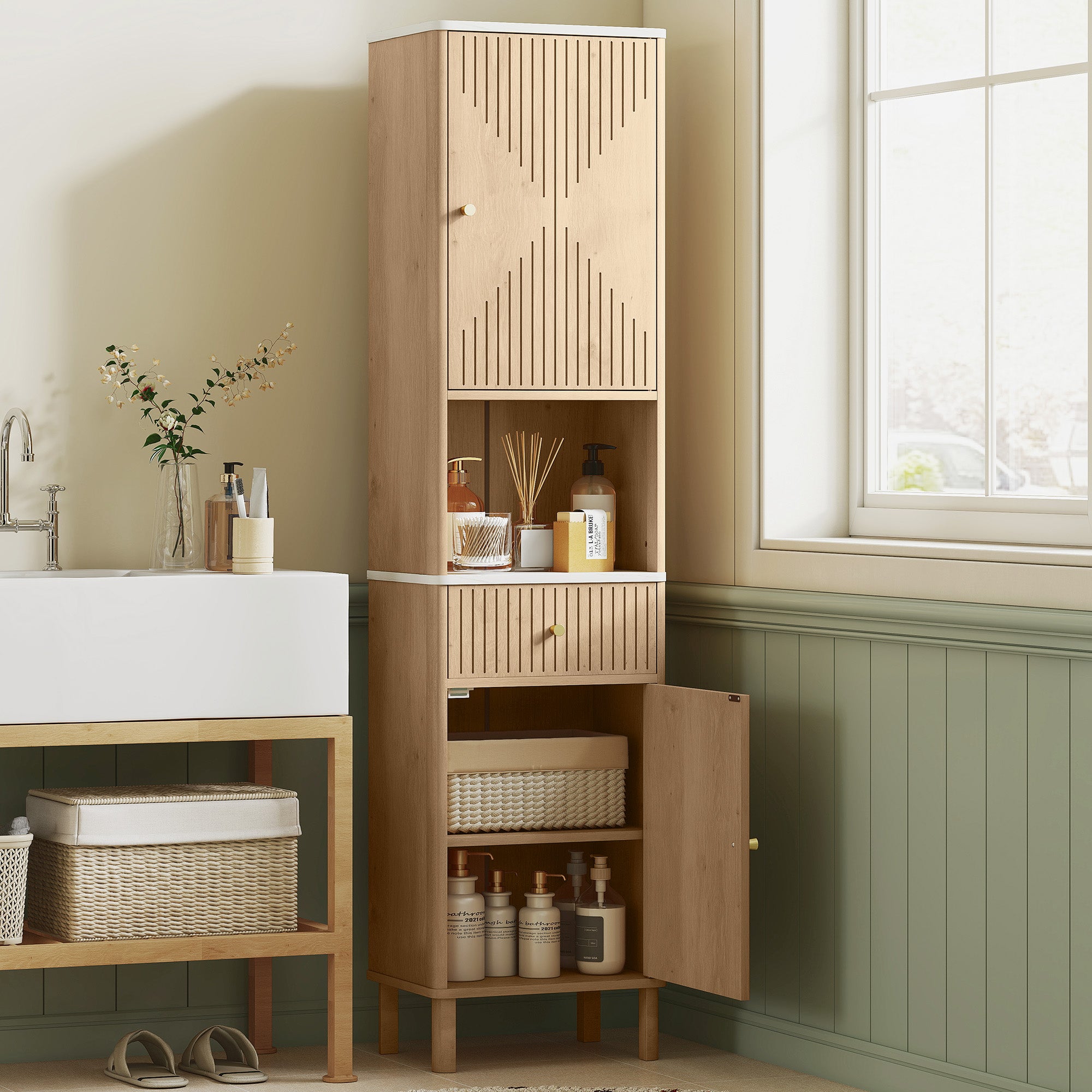 Kozy Multi-Storage Slimline Bathroom Cabinet - Wood-Effect