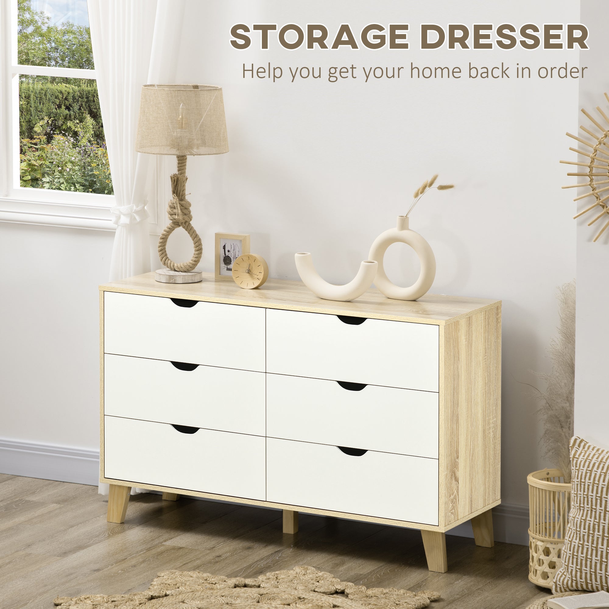 Kozy Bedroom Chest of Drawers, Wide 6-Drawer Dresser, Storage Drawer Unit with Wood Legs for Living Room, White and Light Brown
