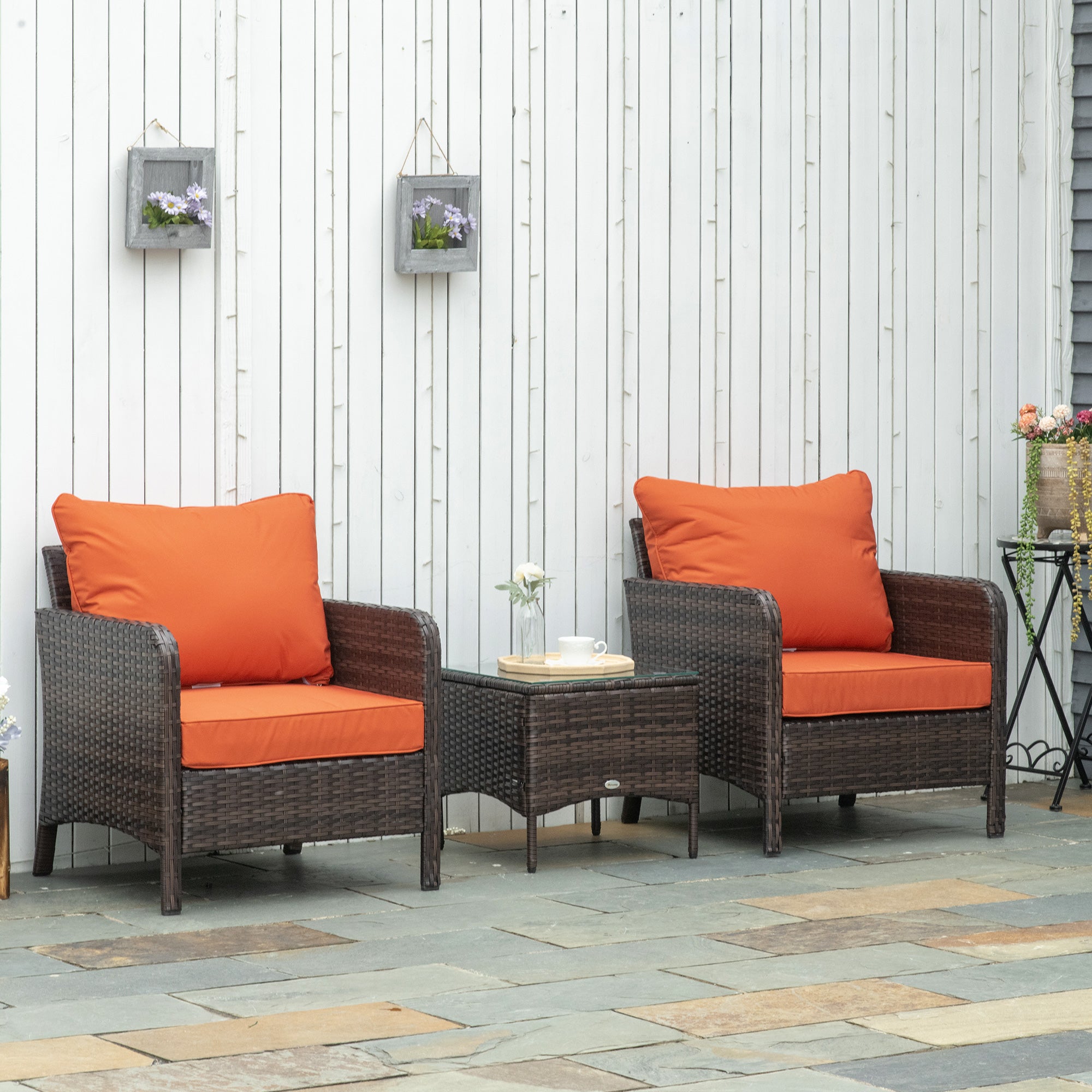 Kozy 5 Pieces PE Rattan Garden Furniture Set with 10cm Thick Padded Cushions, Wicker Weave Outdoor Seating Chairs with 2 Armchairs, 2 Stools, Glass Top Table, Brown