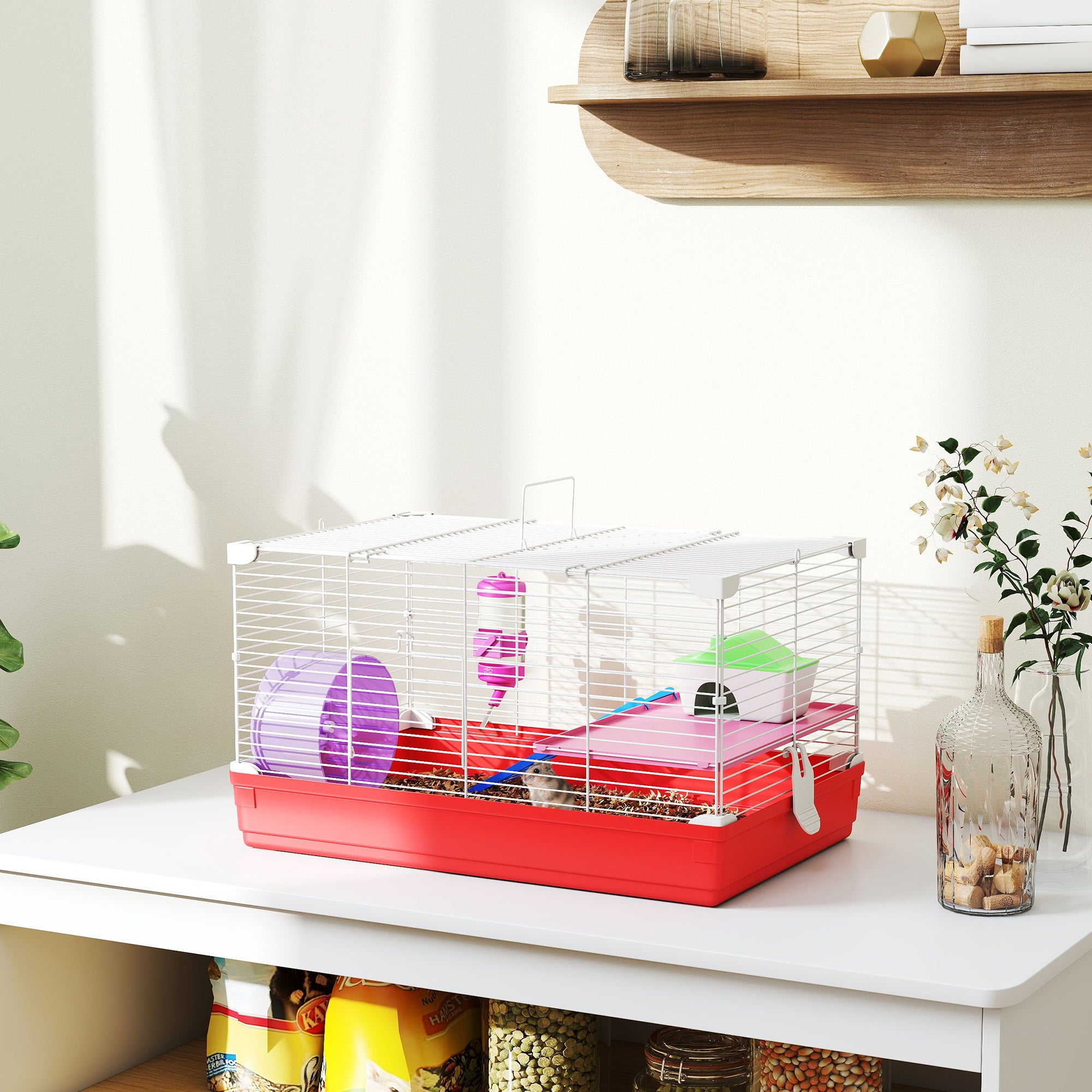 Kozy Hamster Cage, Small Gerbil Cage 2 Tiers Portable w/ Handle, Exercise Wheel, Water Bottle, Dishes