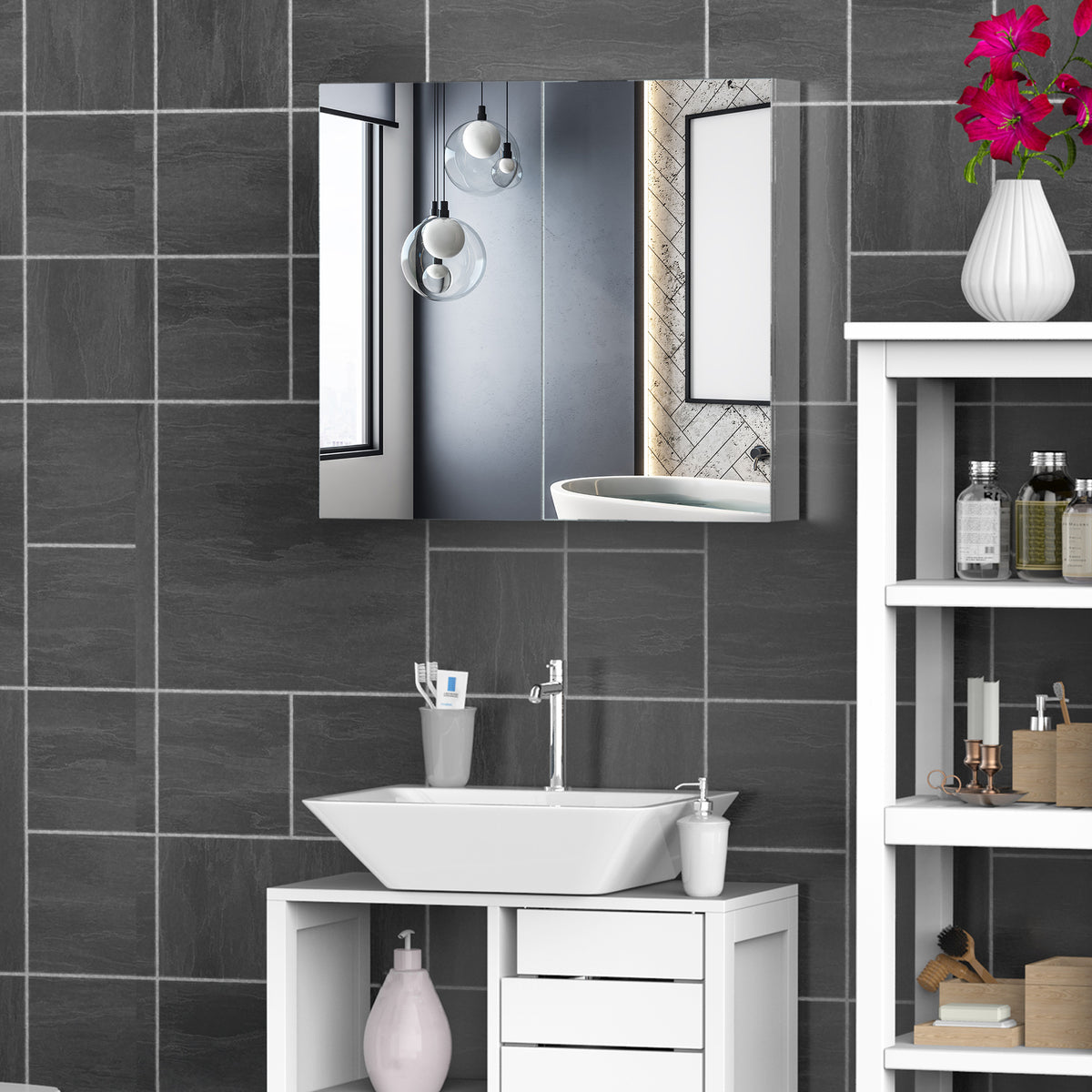 HOMCOM Bathroom Mirror Cabinet, Stainless Steel, Double Doors, Wall Mounted, Spacious Storage