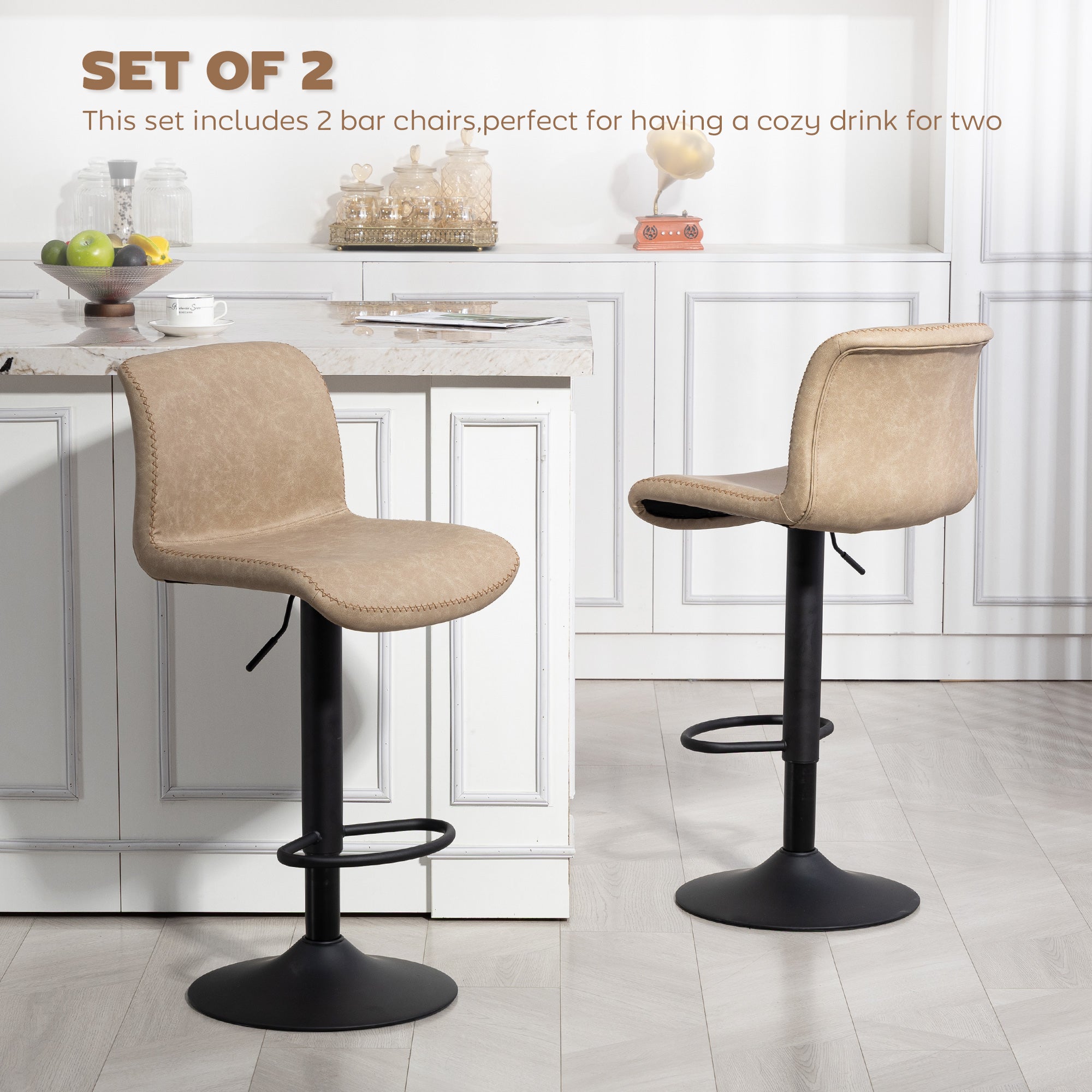 Kozy Bar Stools Set of 2, PU Leather Barstools with Backrest and Footrest for Kitchen, Counter, Breakfast Bar, Light Brown