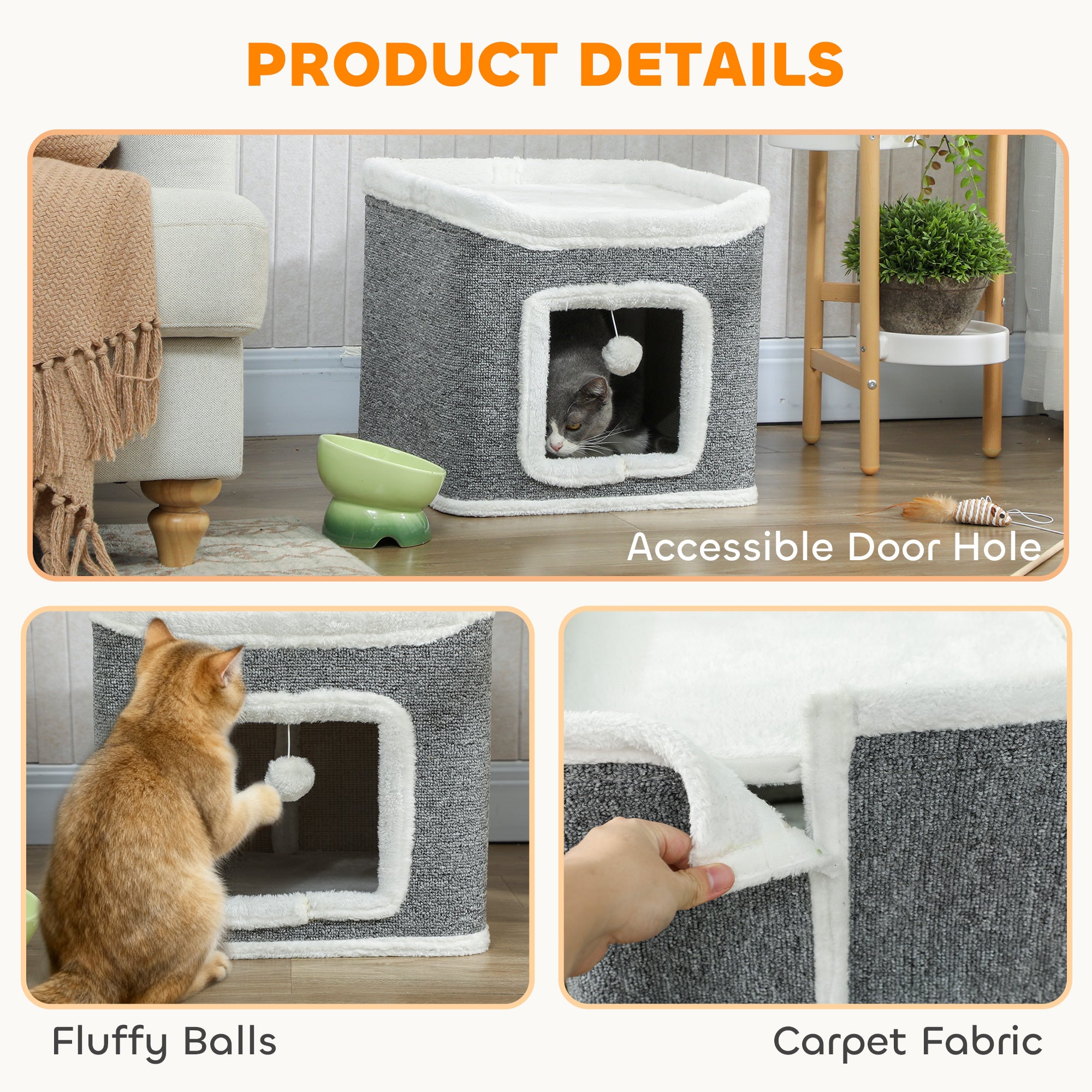 Kozy Cat House for Indoor Kittens, 2-Level Cat Cave Bed with Fluffy Balls, Top Bed, Kitten Barrel for Multi Kitties, Grey