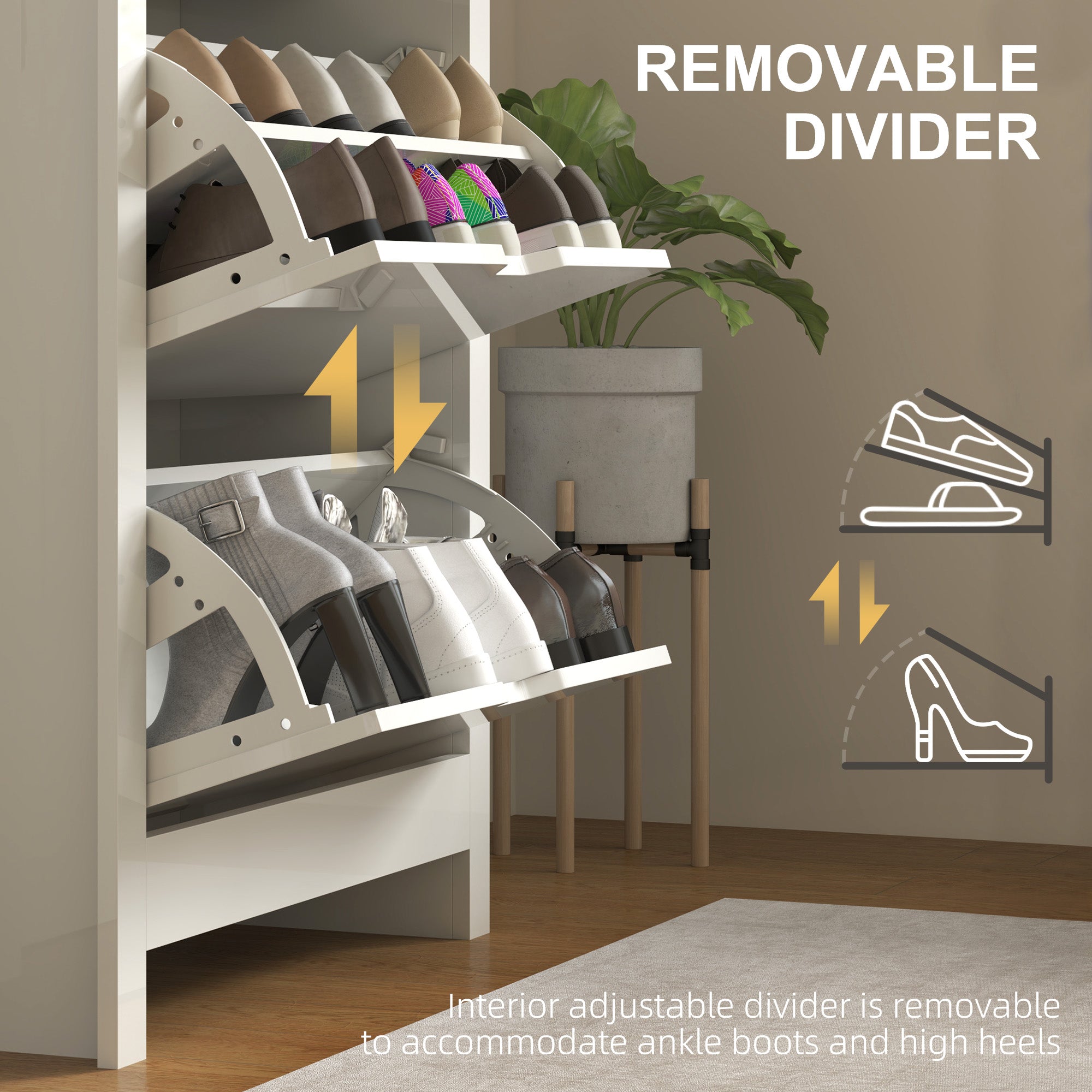 Kozy Slim Shoe Cabinet, Narrow Shoe Cupboard with 3 Flip Drawers, Adjustable Shelves for 18 Pairs of Shoes, High Gloss White