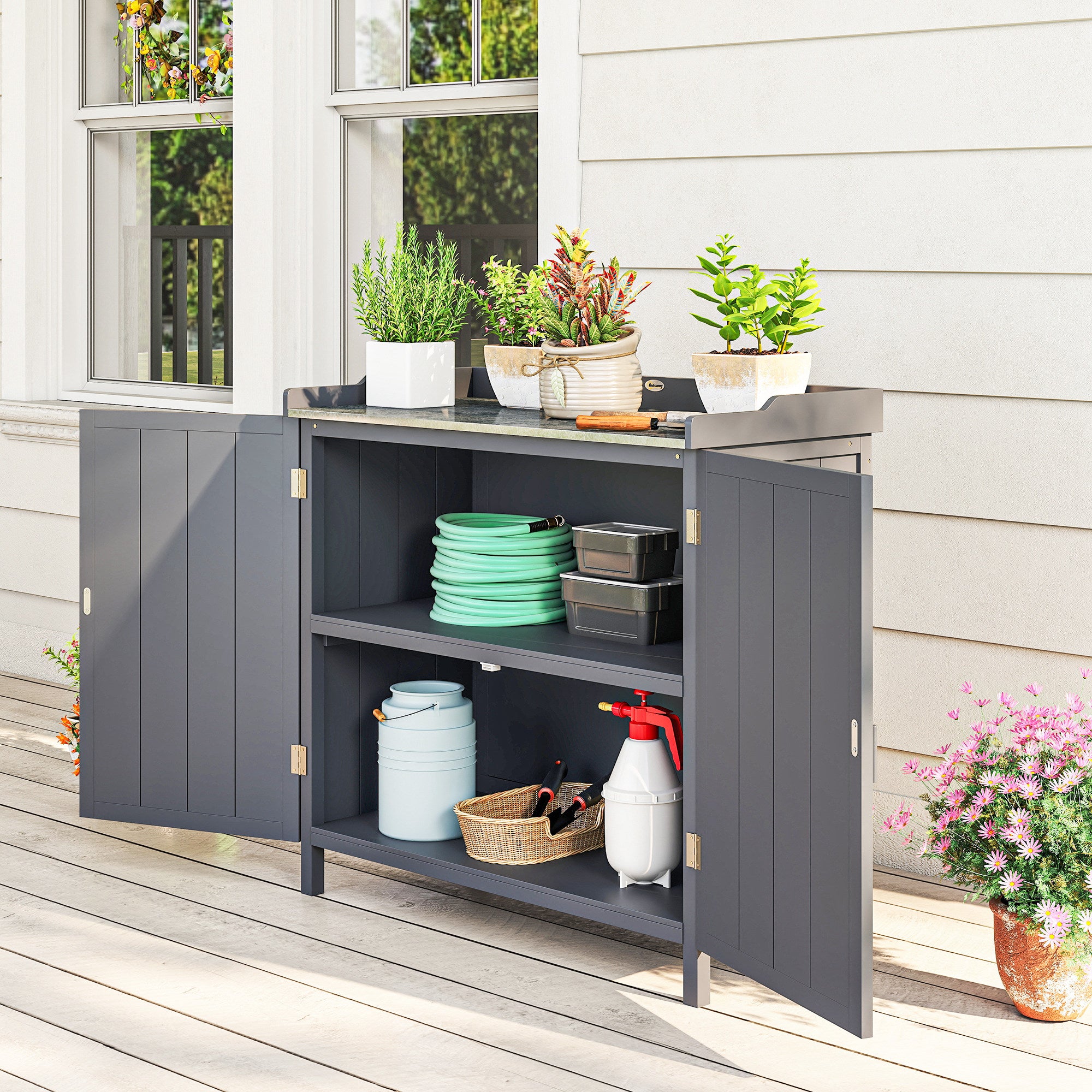 Kozy Wood Garden Storage Cabinet, Outdoor Tool Shed, Potting Bench Table with Galvanized Top and Two Shelves for Yard Tools or Pool Accessories, Grey