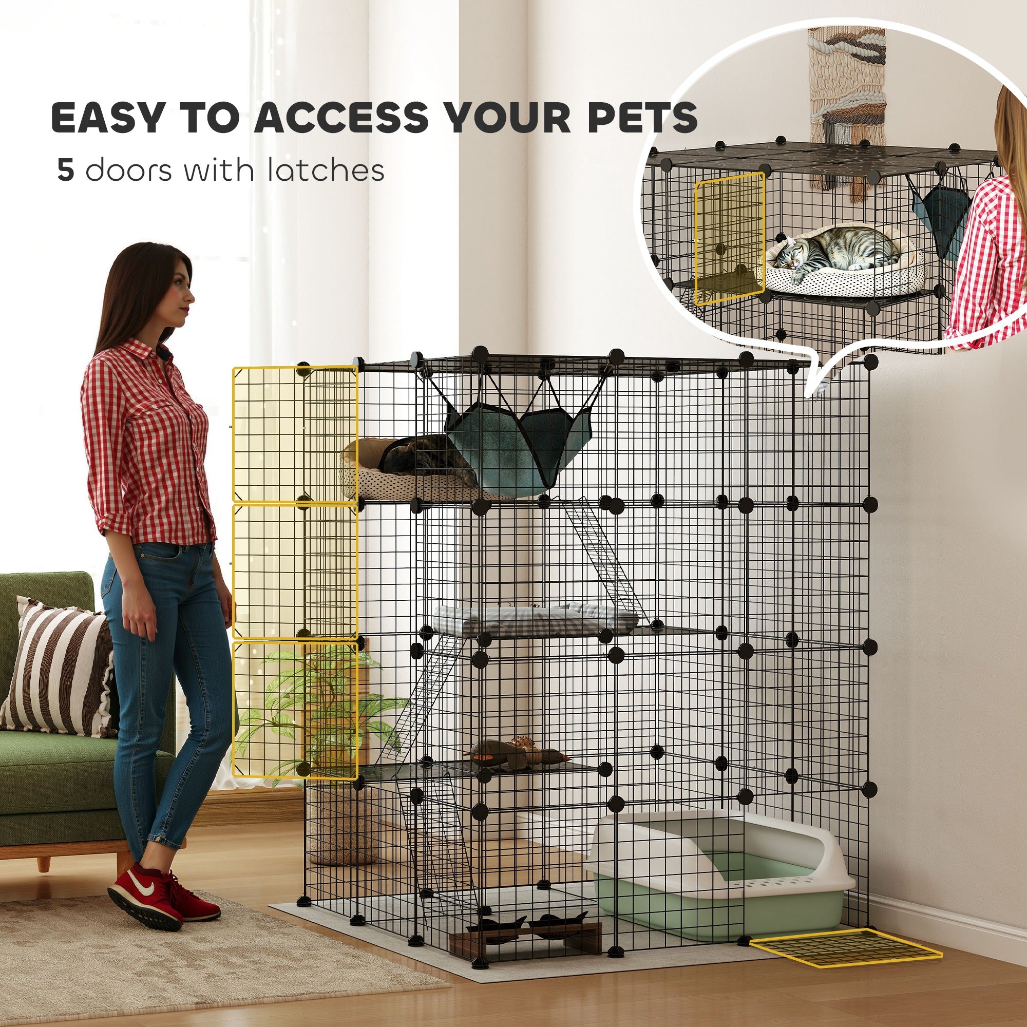 Kozy - Steel Wire Cat Cage Indoor with Hammock, Ramps, Doors, DIY Cat Enclosure for 1-3 Cats, Black