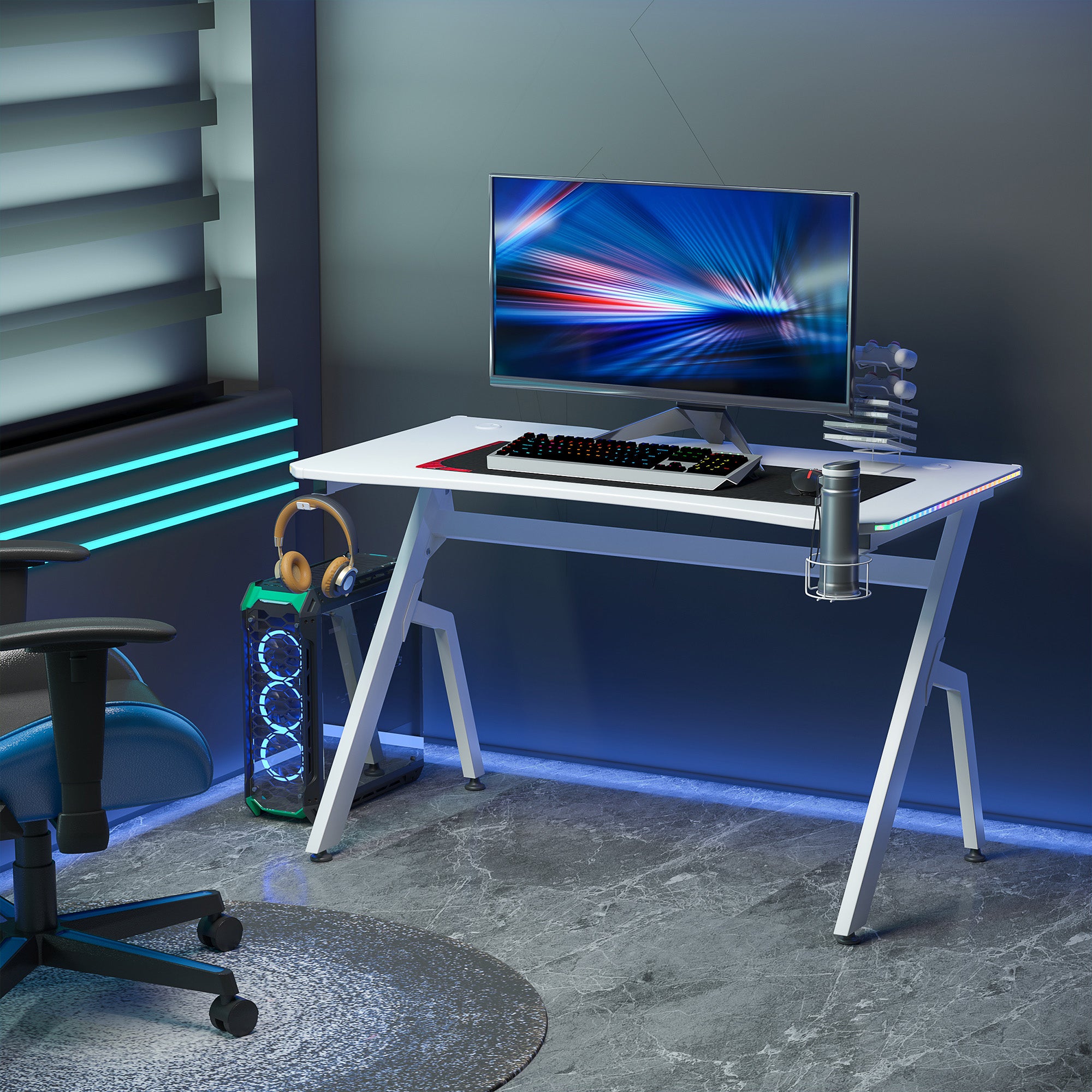 Kozy RGB 120 x 66cm Gaming Desk, Computer Table with Carbon Fibre Surface, Headphone Hook, Cup Holder, Controller Rack, Home Office Desk, White