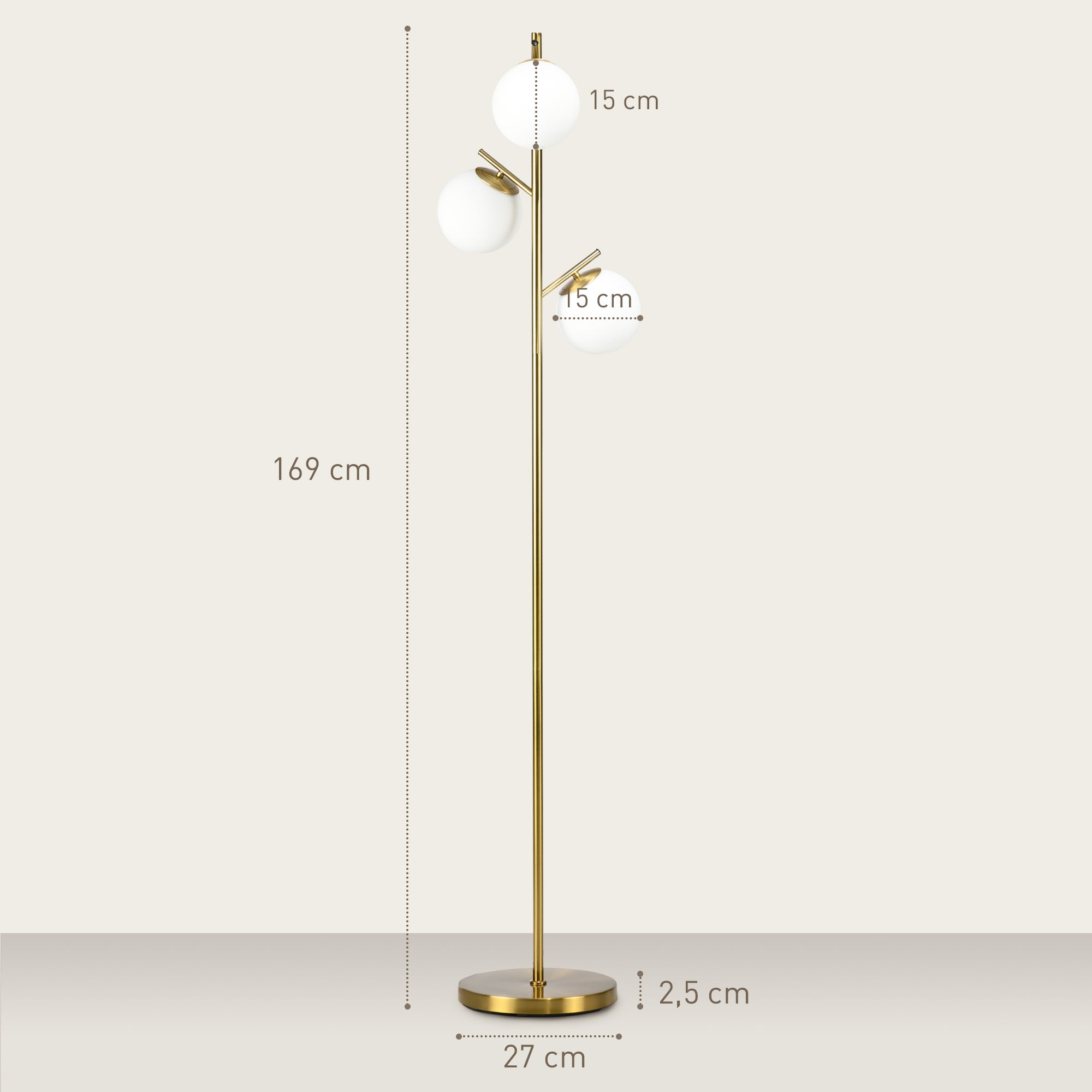 Kozy - 3-Light Tree Floor Lamps for Living Room, Modern Standing Lamp for Bedroom with Globe Lampshade, 3000K/4000K/6000K Colour Temperatures, Steel Base, Gold Tone
