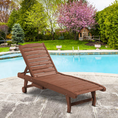 Kozy Outdoor Wooden Lounger Chair, Sun Bed with Built-In Table, Adjustable Backrest and Wheels, Red Brown