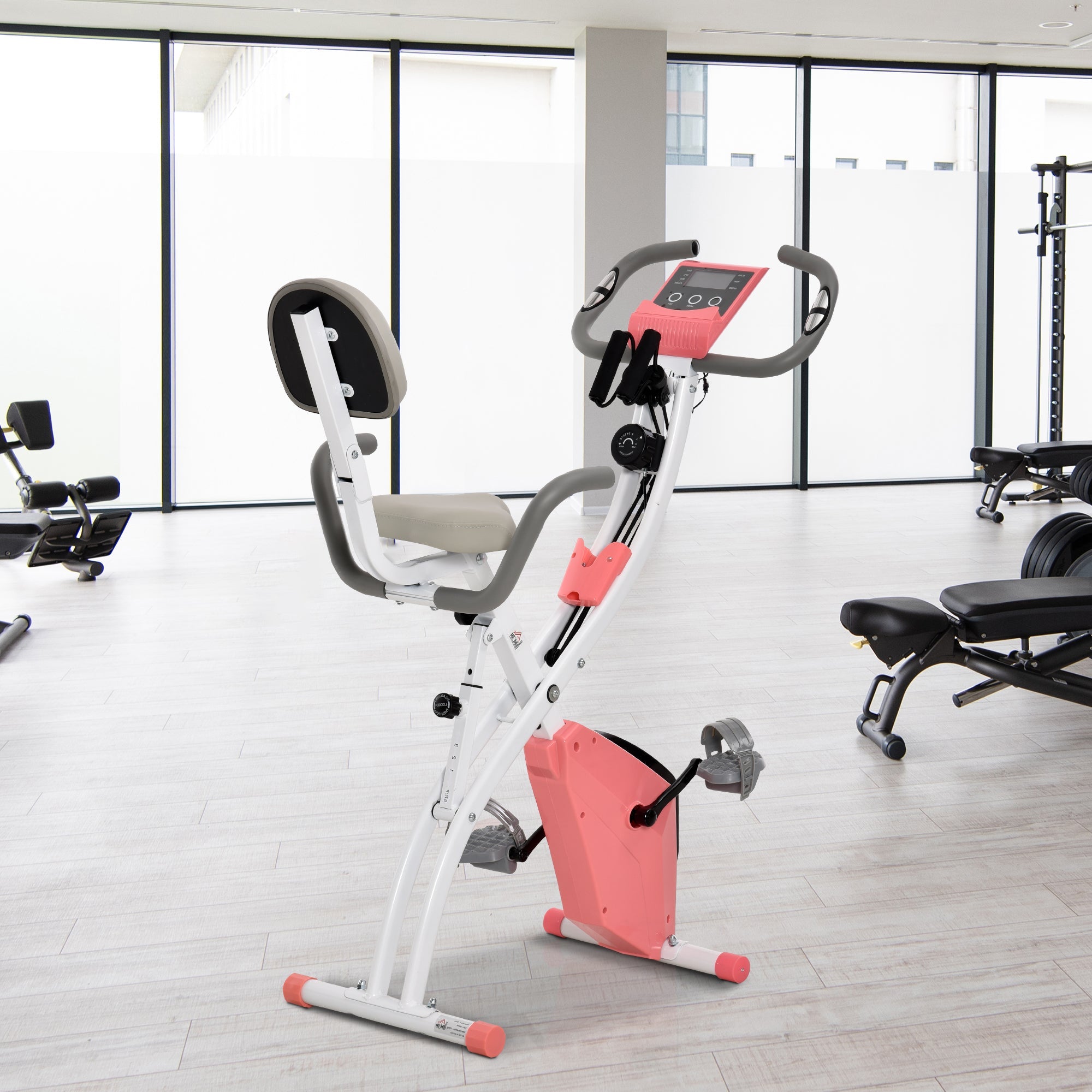HOMCOM 2-in-1 Upright Exercise Bike Stationary Foldable Magnetic Recumbent Cycling with Arm Resistance Bands Pink | Aosom UK