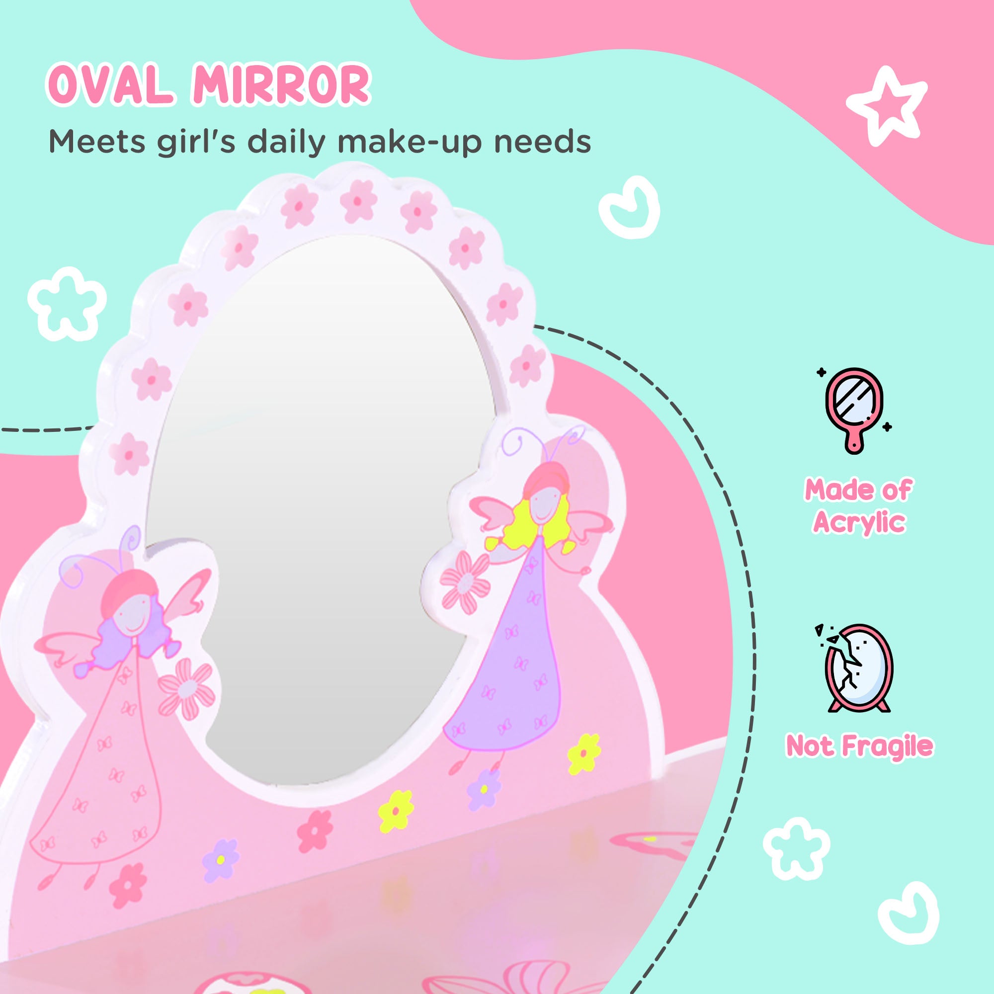 Kozy Kids Dressing Table Girls Pink Wooden Kids Dressing Table & Stool Make Up Desk Chair Toys Fairy Dresser Play Set w/Mirror