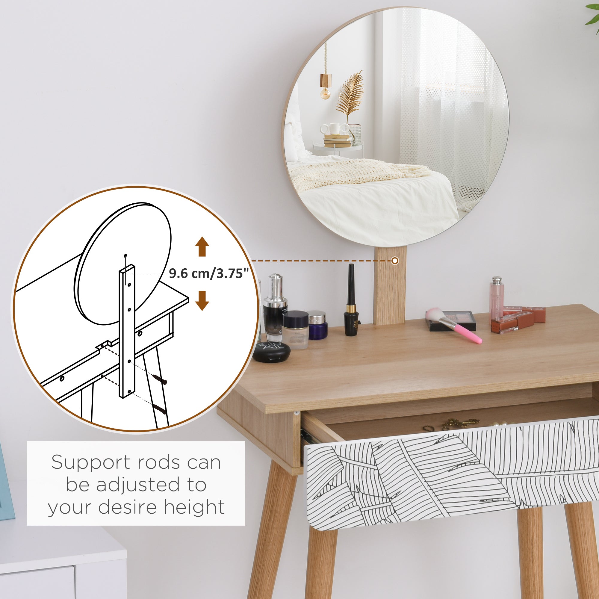 Kozy Dressing Table with Drawer and Mirror height adjustable Wooden Oak Color  Bedroom Dressing Room Elegant and Durable