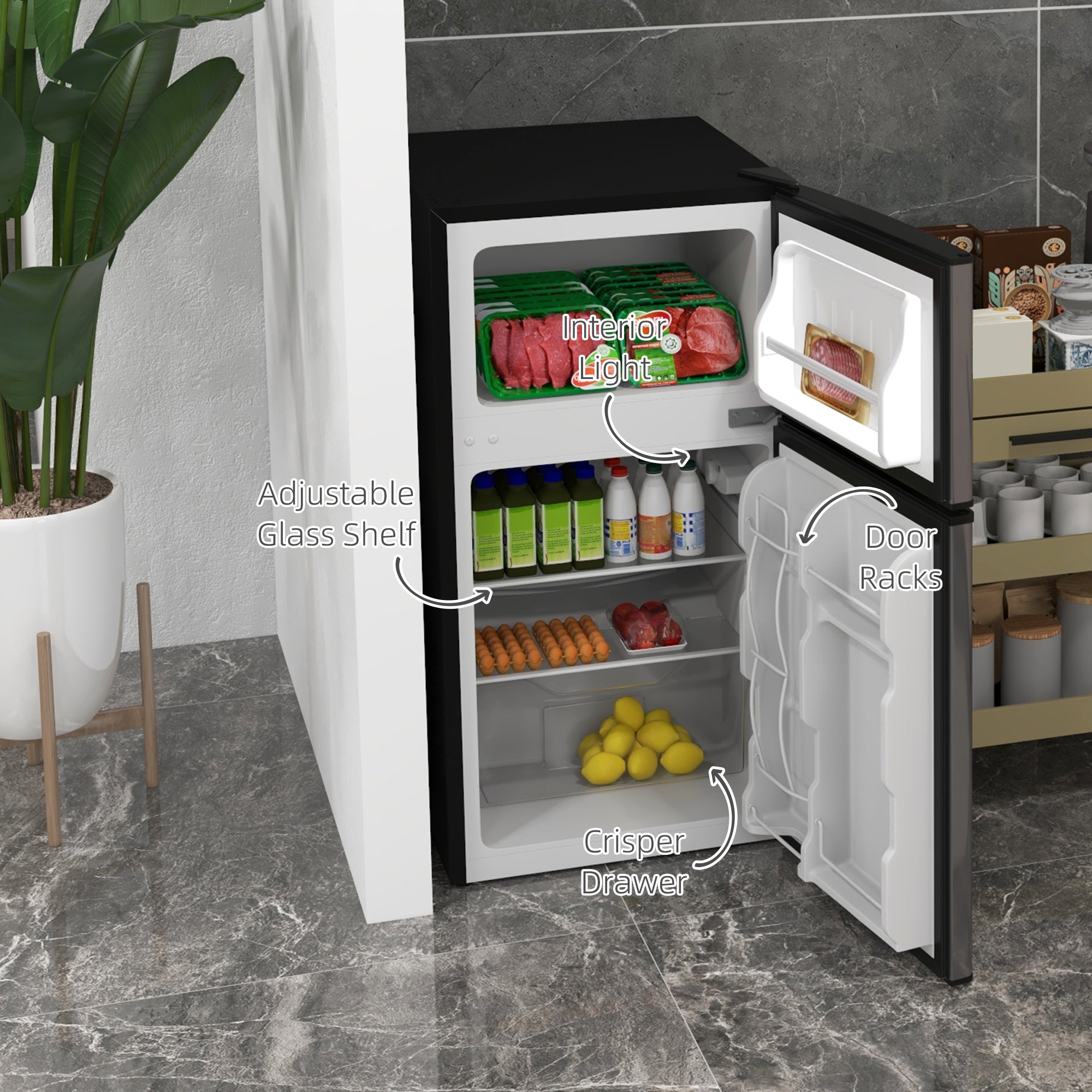 Kozy - 88L Under Counter Fridge Freezer, Small Refrigerator with 5-Setting, 3 Star Freezer Rating, Black and Silver Tone