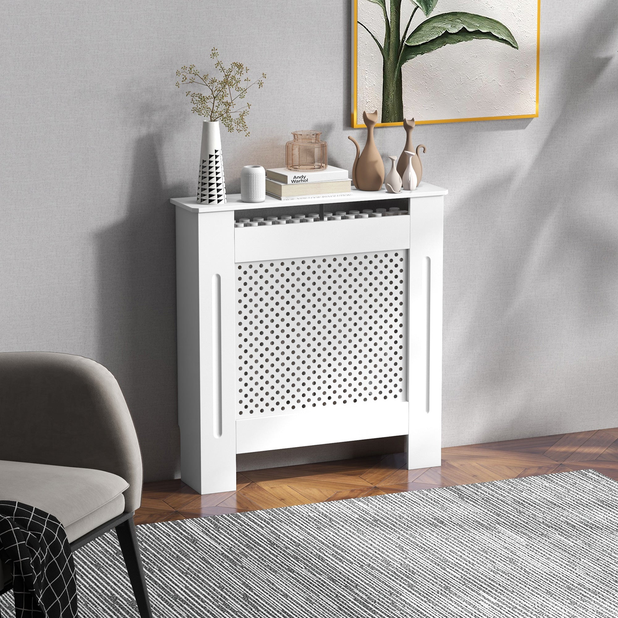 Kozy Wooden Radiator Cover Heating Cabinet Modern Home Furniture Grill Style  White Painted (Small)