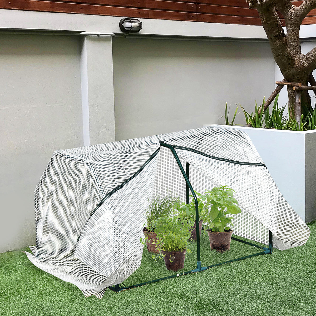 Outsunny Mini Greenhouse Portable Garden Greenhouse Metal Frame Grow House with PVC Cover, Middle Zip Fastening, 99 x 71 x 60 cm, White