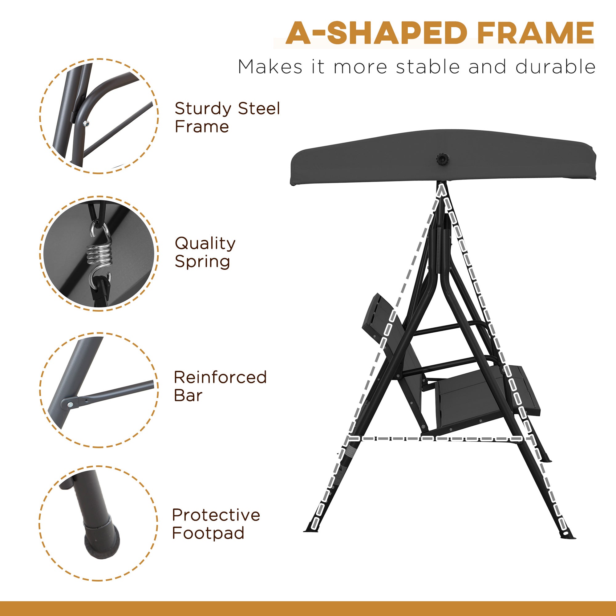 Kozy Three-Seater Garden Swing Chair, with Canopy - Black