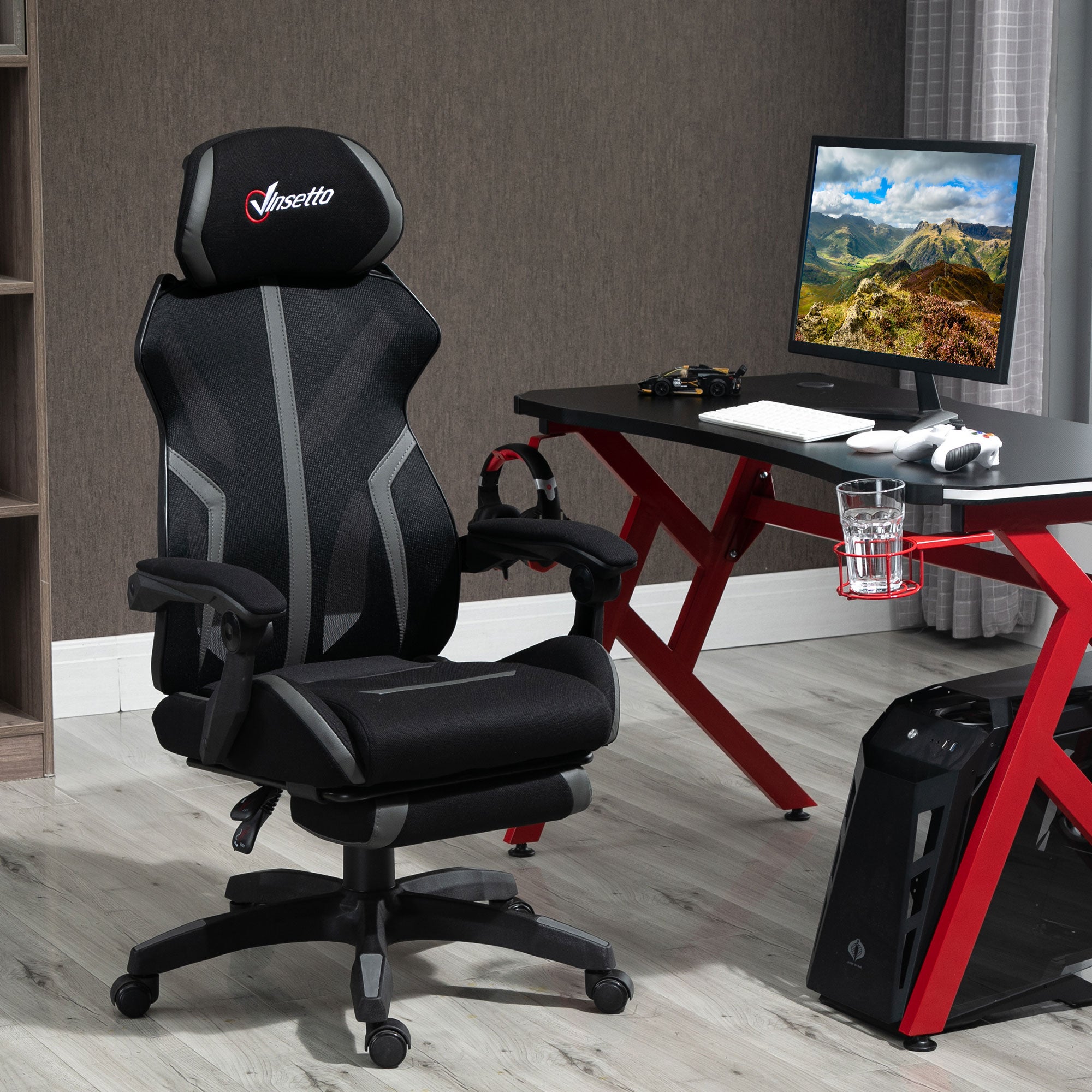 Kozy Mesh Office Chair Desk Task Computer Recliner with Footrest, Lumbar Back Support, Swivel Wheels, Adjustable Height for Home, Black Grey