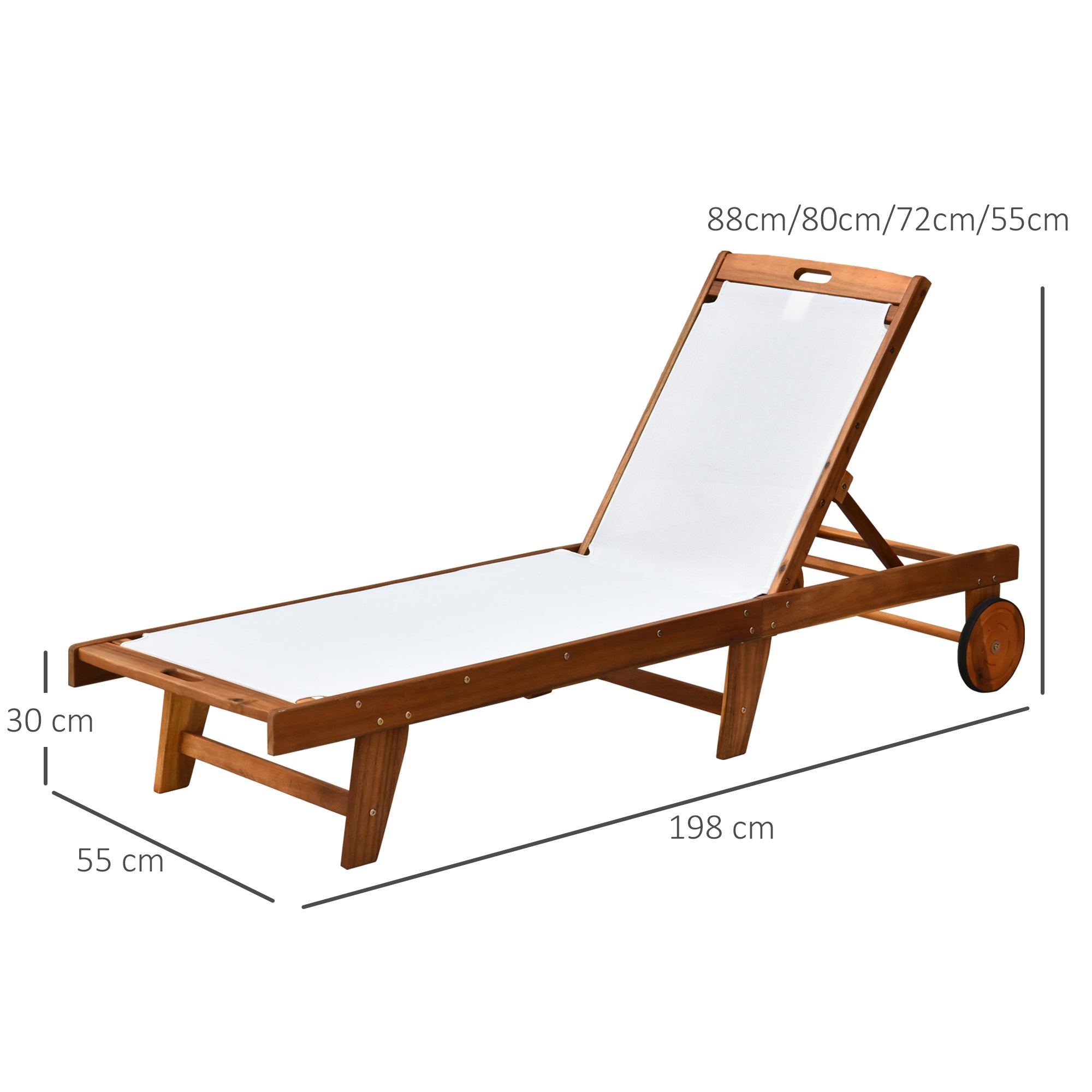 Outsunny Outdoor Acacia Wood Texteline Beach Sun Lounger Garden Patio Sunbed Recliner Chaise Adjustable Backrest with Wheels