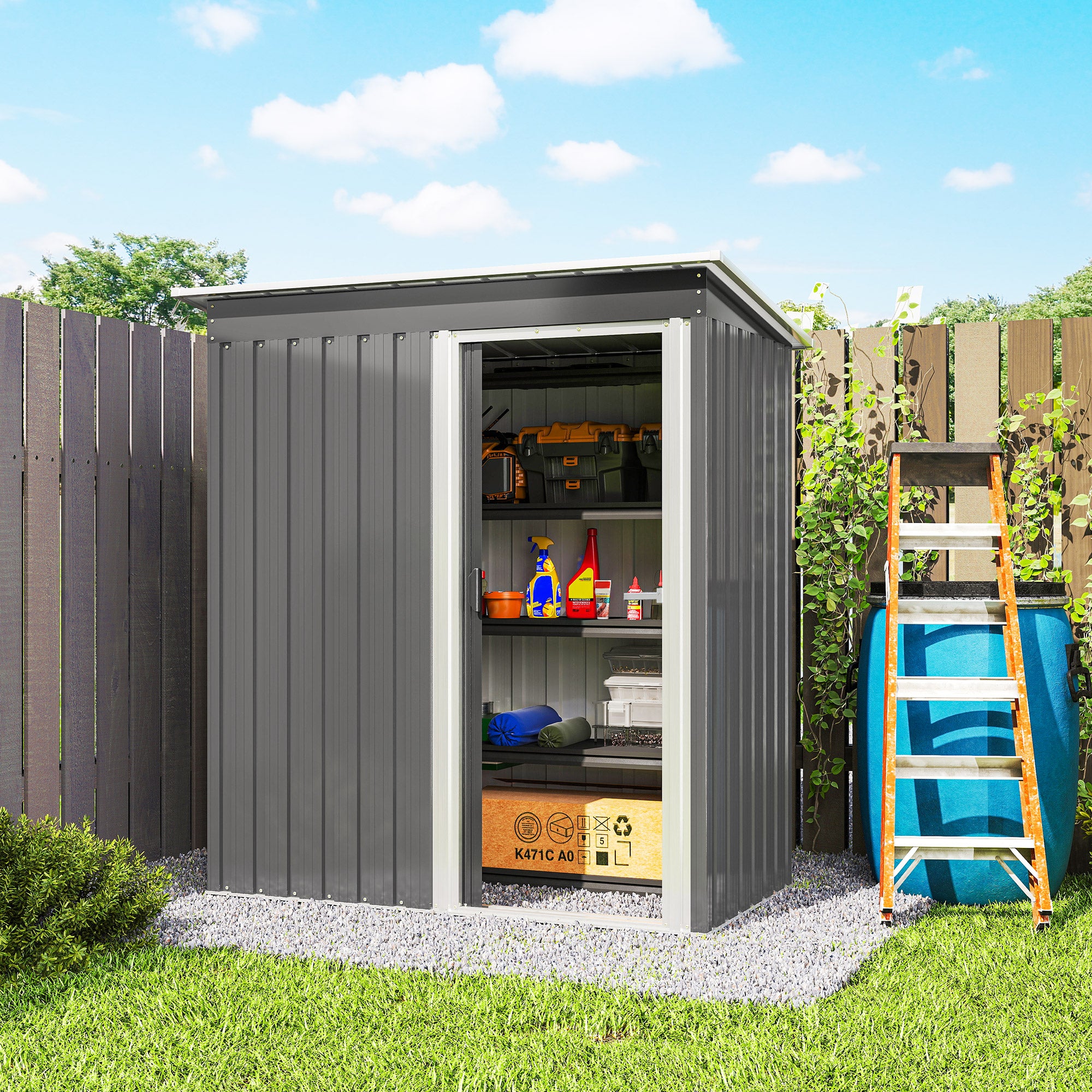 Kozy - 5x3 Storage Shed with Sliding Door and Sloped Roof for Garden, Light Grey