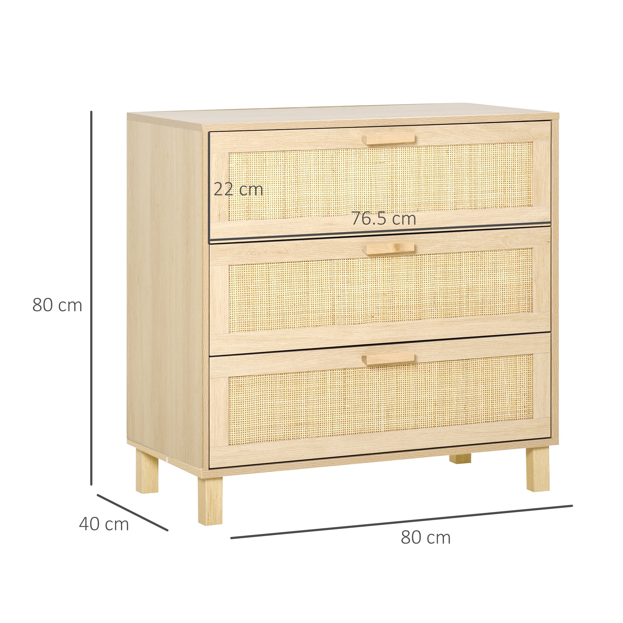 Kozy Rattan Bedroom Chest of Drawers, 3 Drawers Storage Unit, Boho Dresser for Living Room, Hallway, Natural